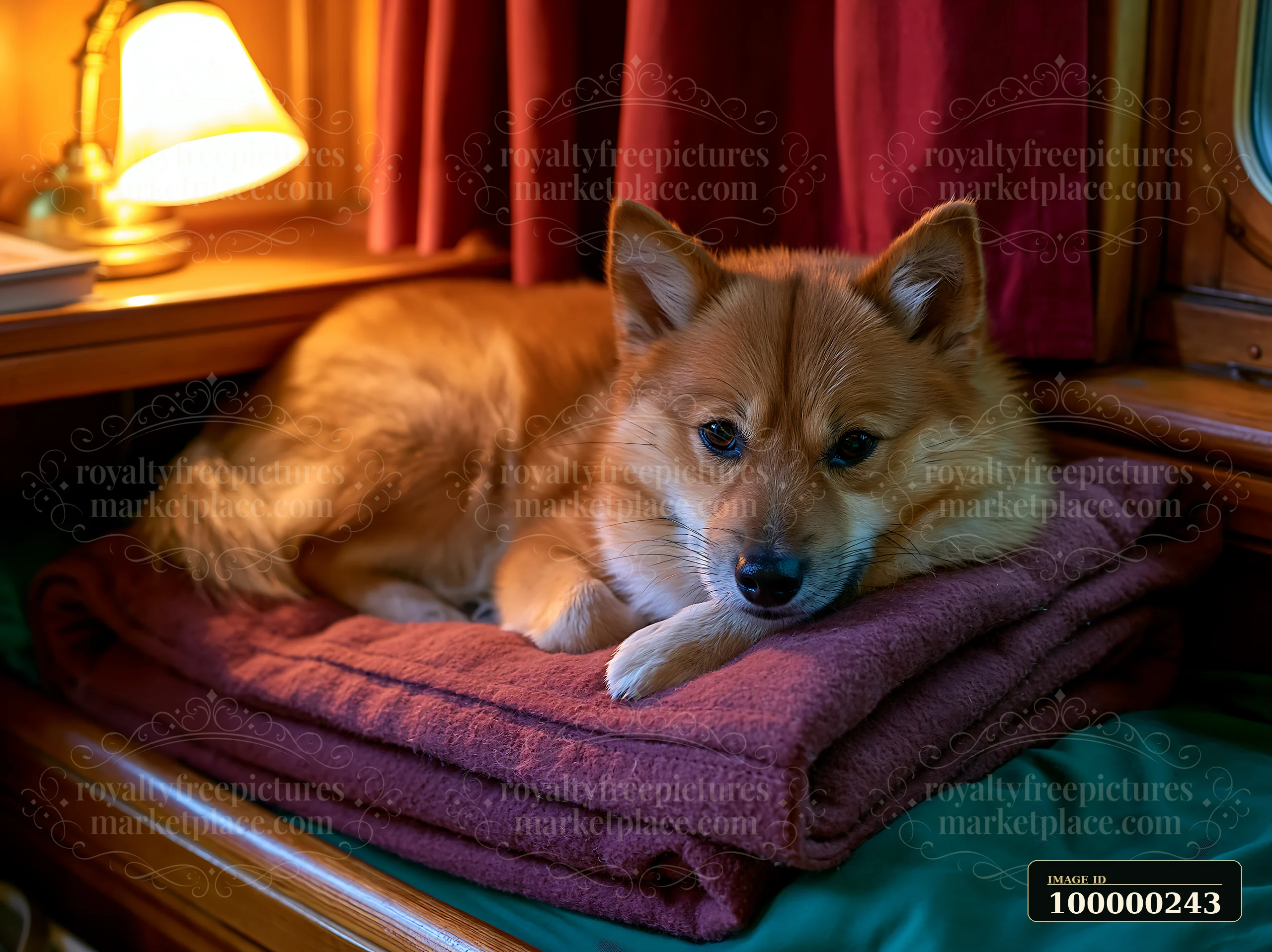 Fluffy dog resting on folded blankets inside a warmly lit train compartment with wooden trim and curtains.