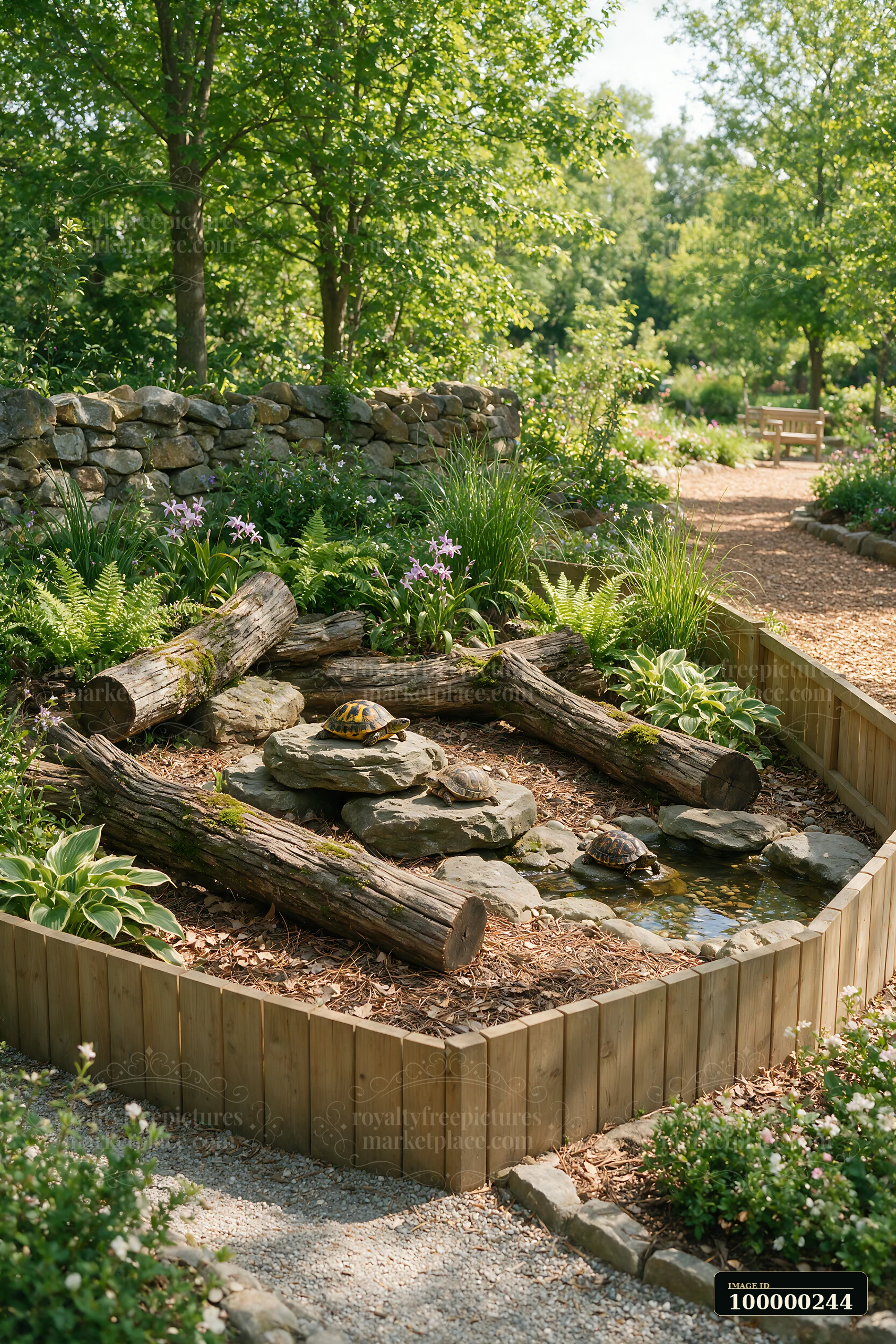 Three tortoises rest among logs, rocks, plants, and a shallow pond in a landscaped enclosure.