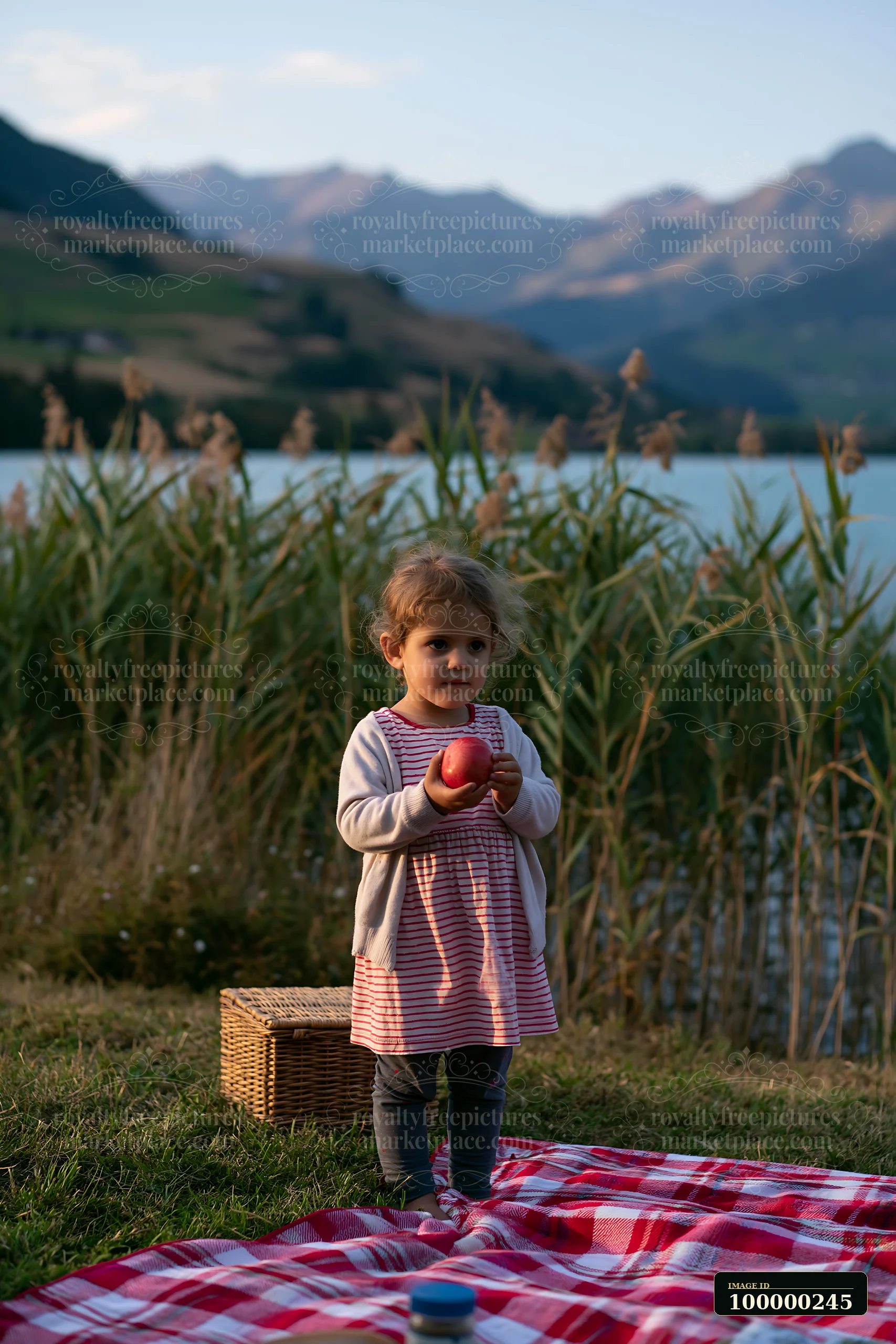 Child holding a red apple beside a picnic blanket and basket near an alpine lake and mountains.
