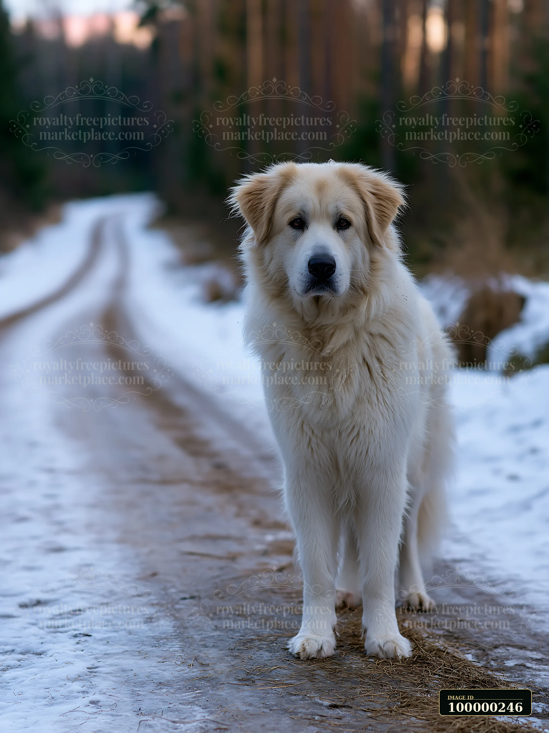 Large white dog standing on a snow-covered rural road surrounded by a blurred forest.