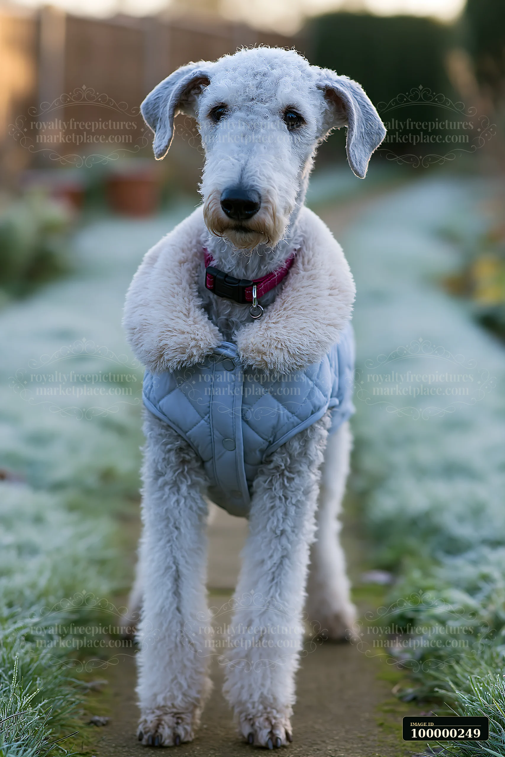 White curly-haired dog wearing a quilted winter coat stands on a garden path.