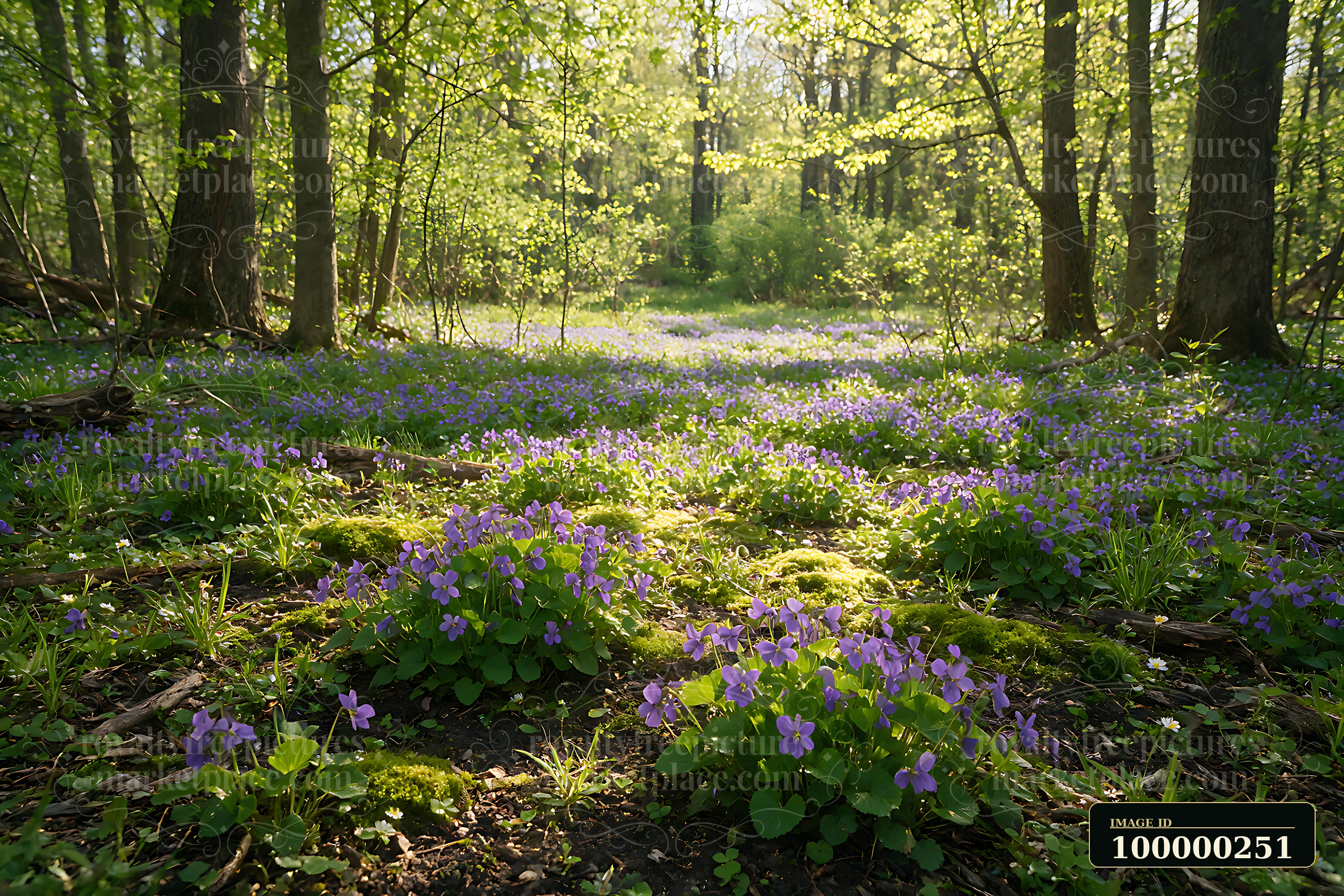 Purple wildflowers and moss cover a shaded meadow in a leafy woodland clearing beneath mature trees.