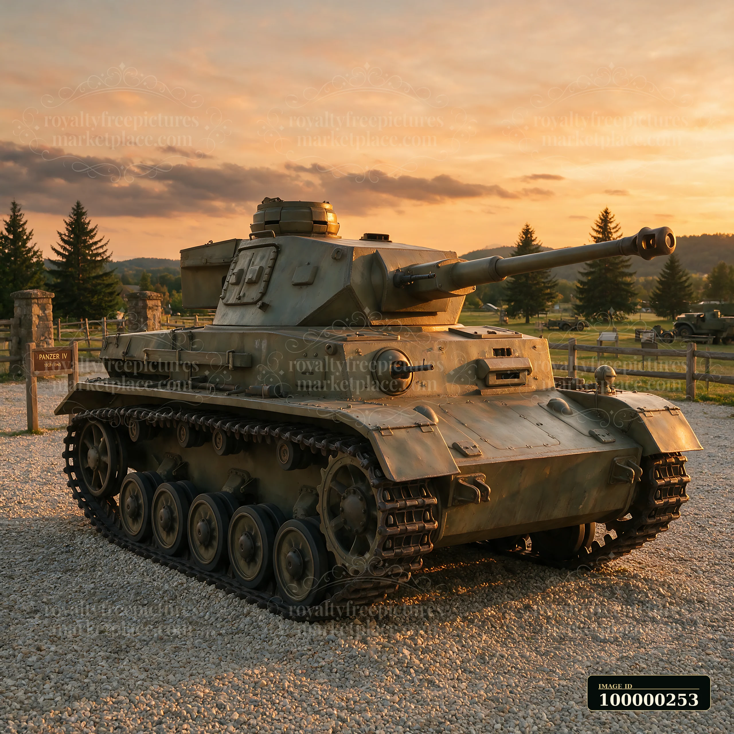 Panzer tank displayed outdoors on gravel at sunset, with evergreen trees and hills behind it.