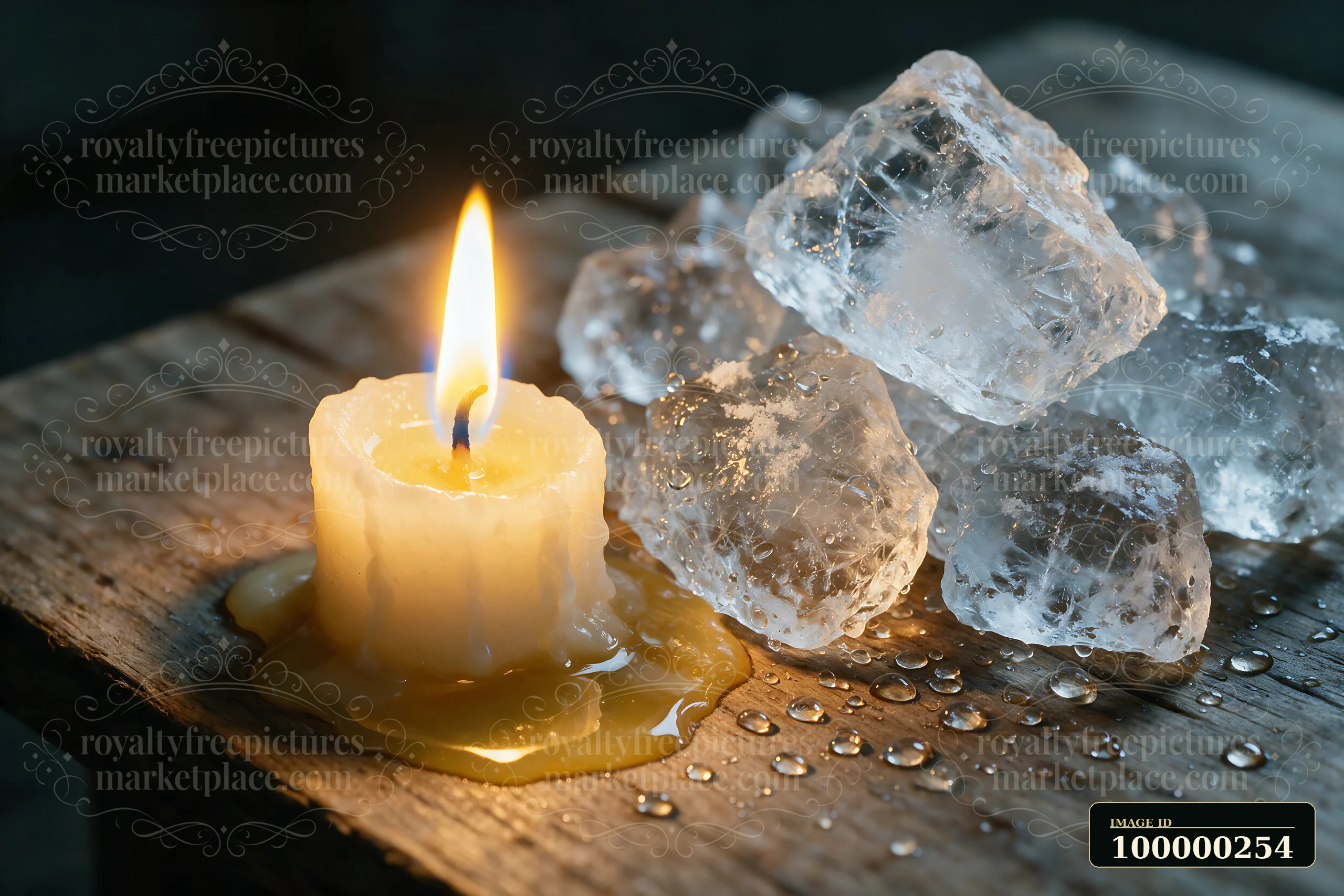 Lit candle beside melting ice cubes and water droplets on a rustic wooden surface.