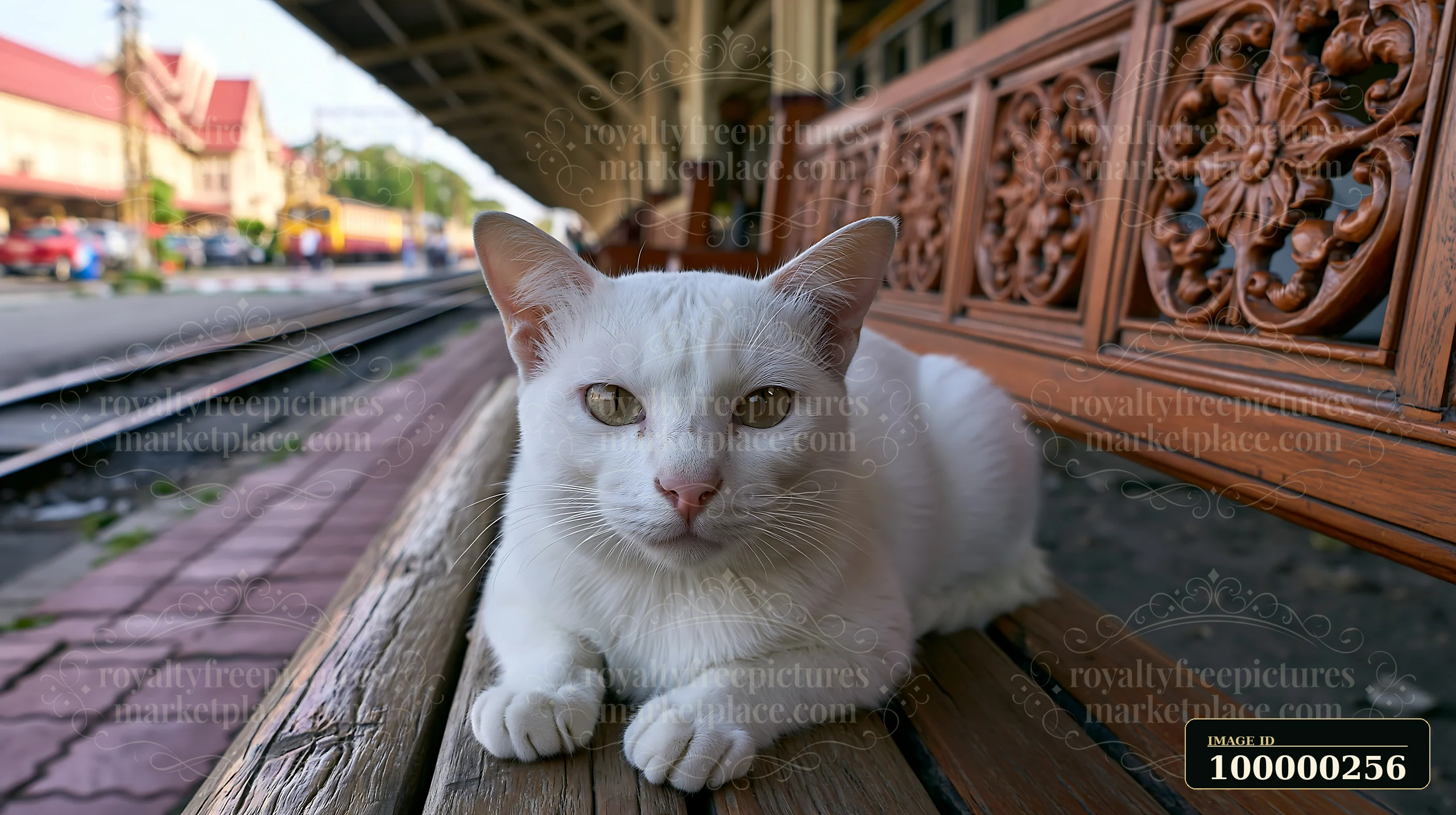 White Khao Manee cat resting on an ornate wooden bench beside railway tracks and a blurred street.