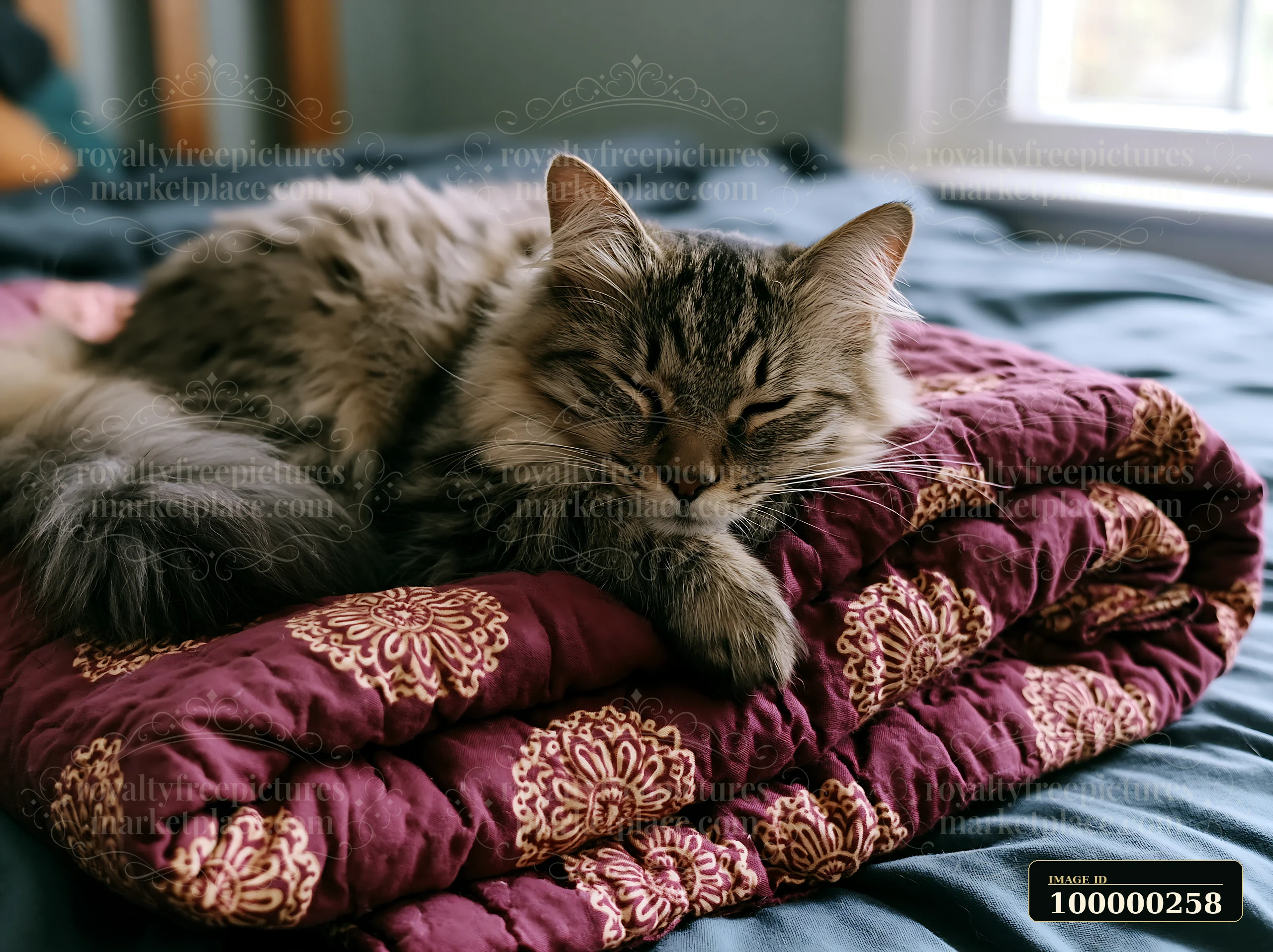 Long-haired tabby cat sleeping on a patterned blanket in a softly lit bedroom.