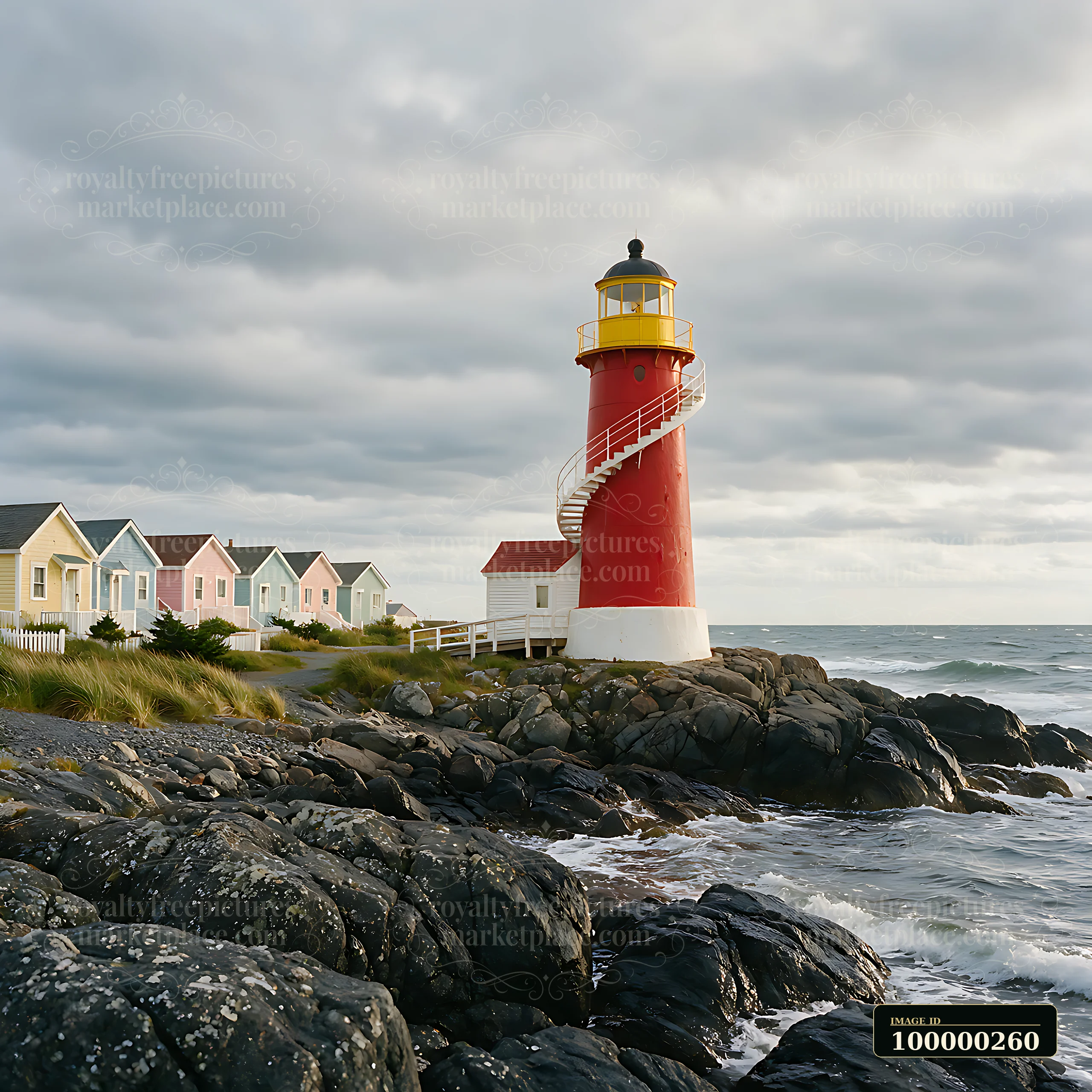 Red lighthouse beside colorful beach cottages on a rocky shoreline with waves under a cloudy sky.