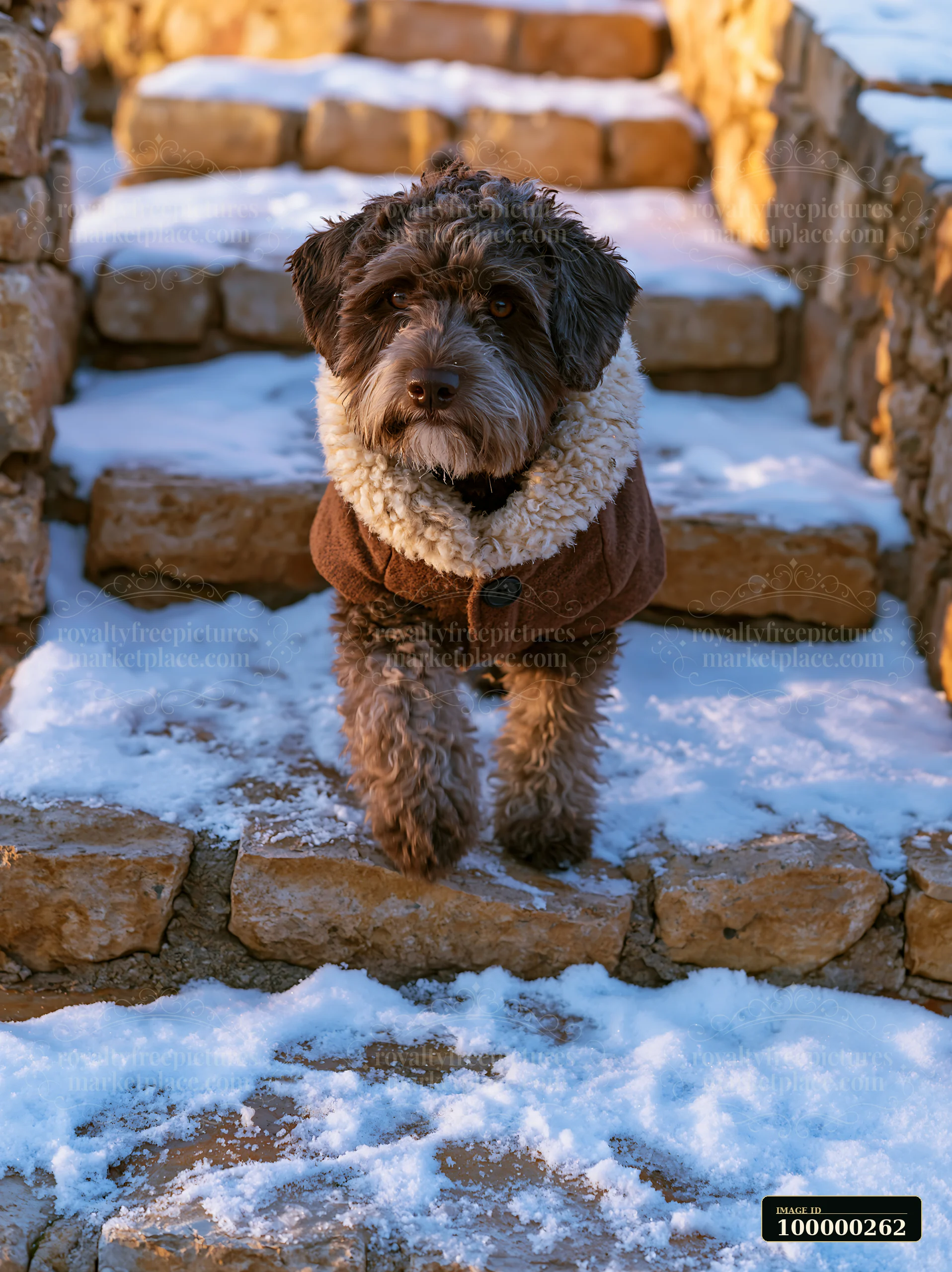 Curly-haired dog wearing a brown winter coat stands on snowy stone steps.
