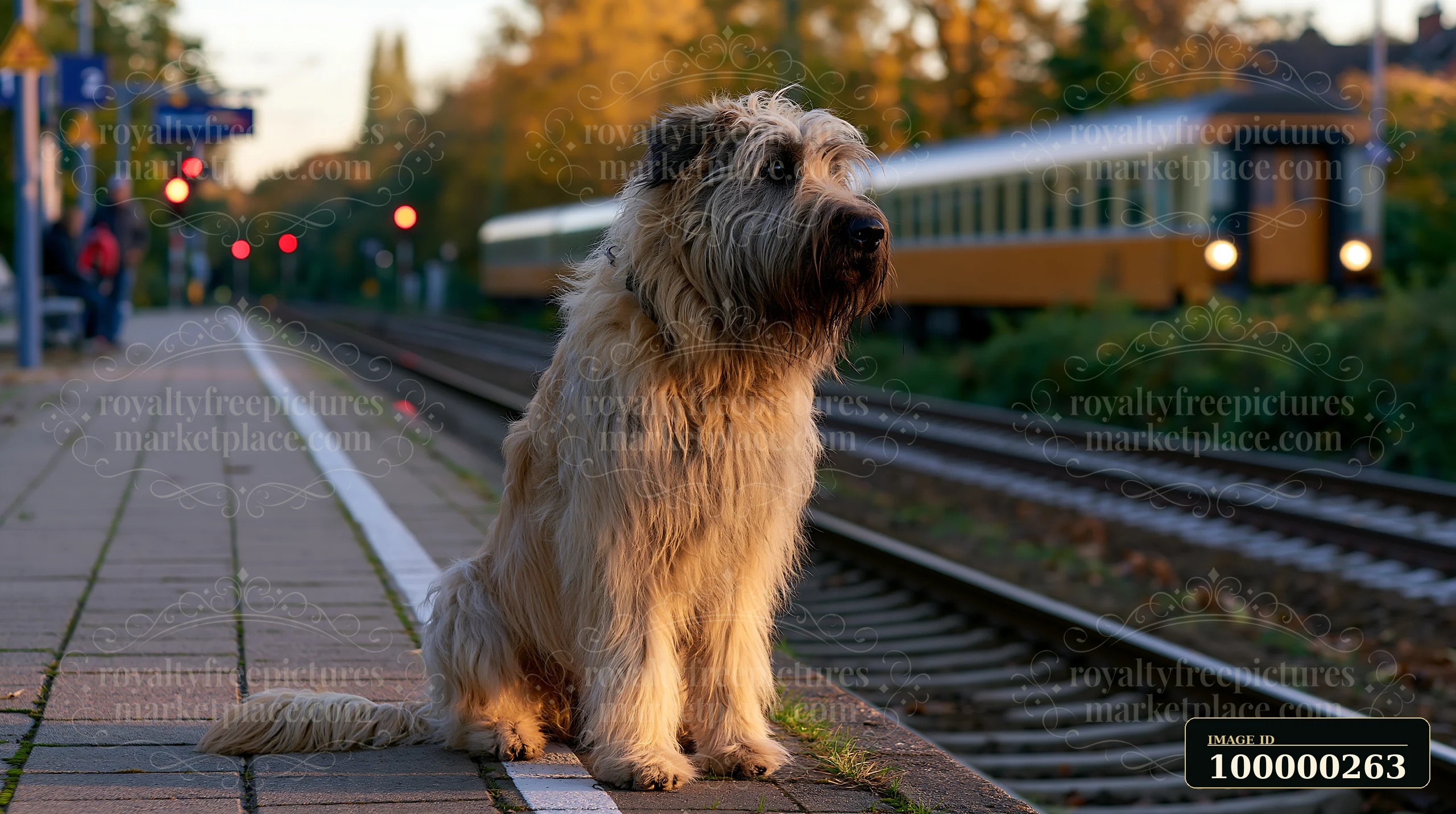Shaggy long-haired dog sitting beside railway tracks while a passenger train passes at an autumn station.