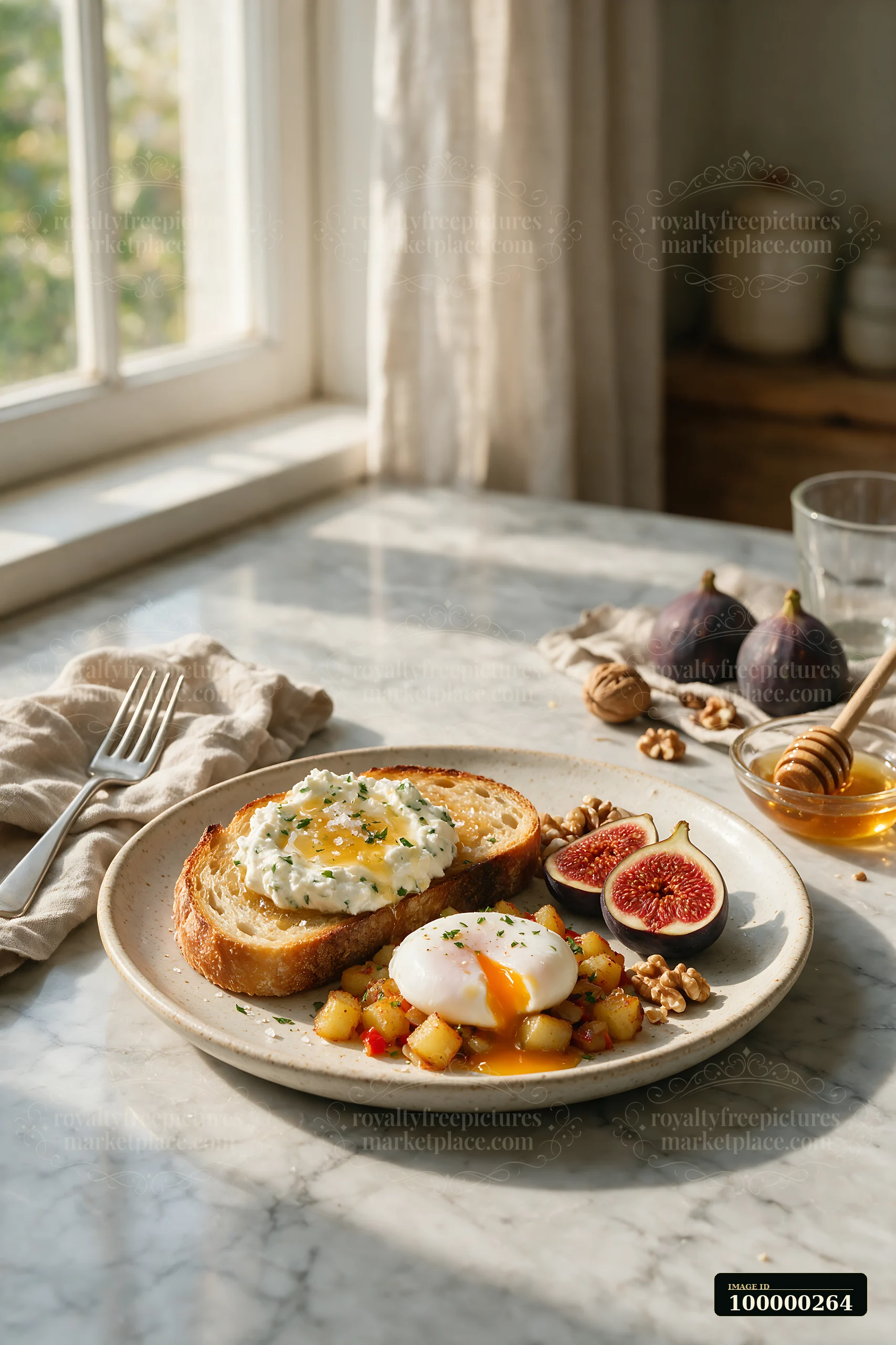 Breakfast plate with a poached egg, toast, potatoes, figs, walnuts, and honey on a marble table.