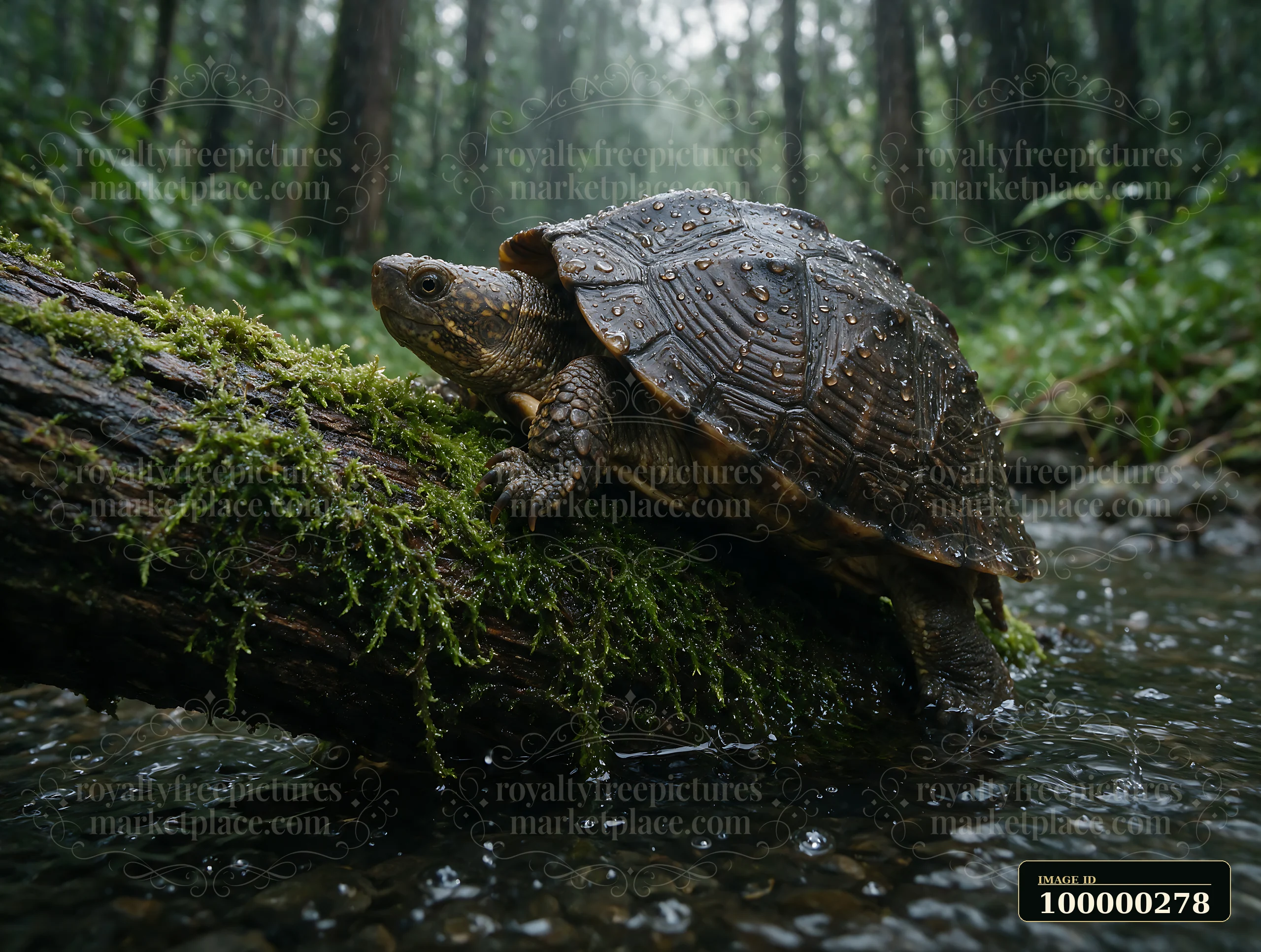 Turtle with a shell covered in raindrops resting on a mossy log above a forest stream