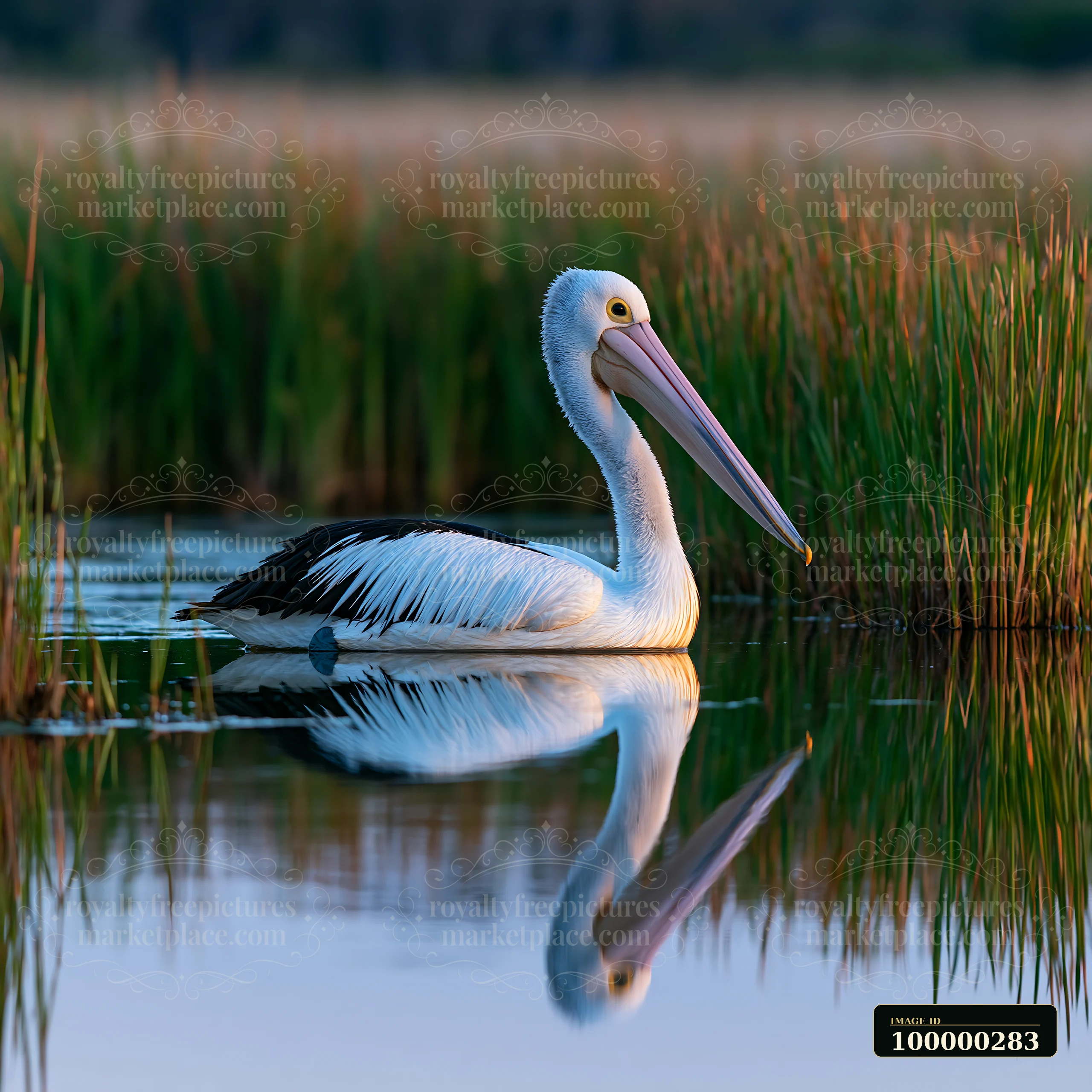 Australian pelican floating on lagoon water among reeds with its reflection visible.