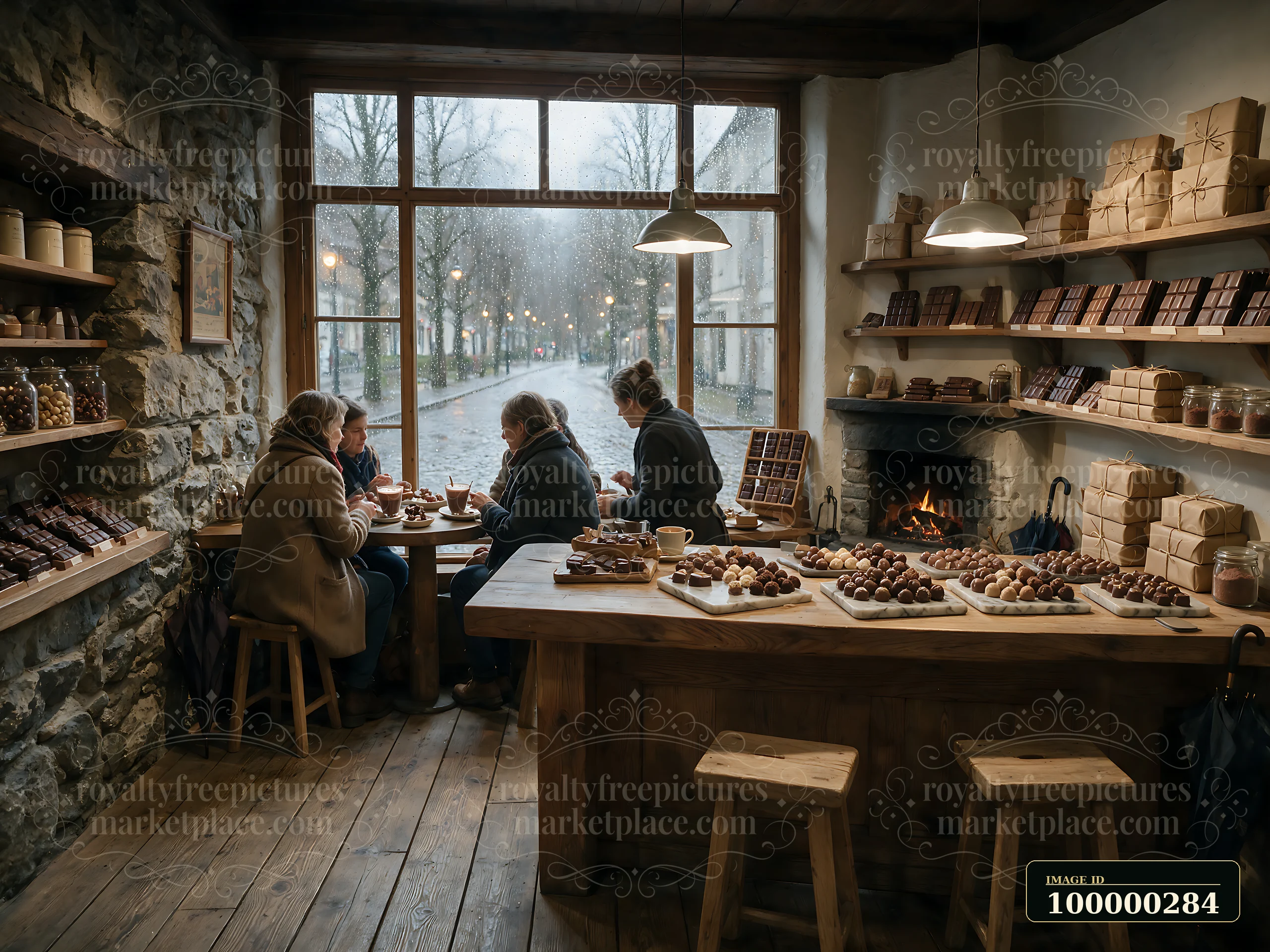 Four people sit inside a rustic chocolate shop surrounded by chocolate displays, wrapped treats, and a glowing fireplace.