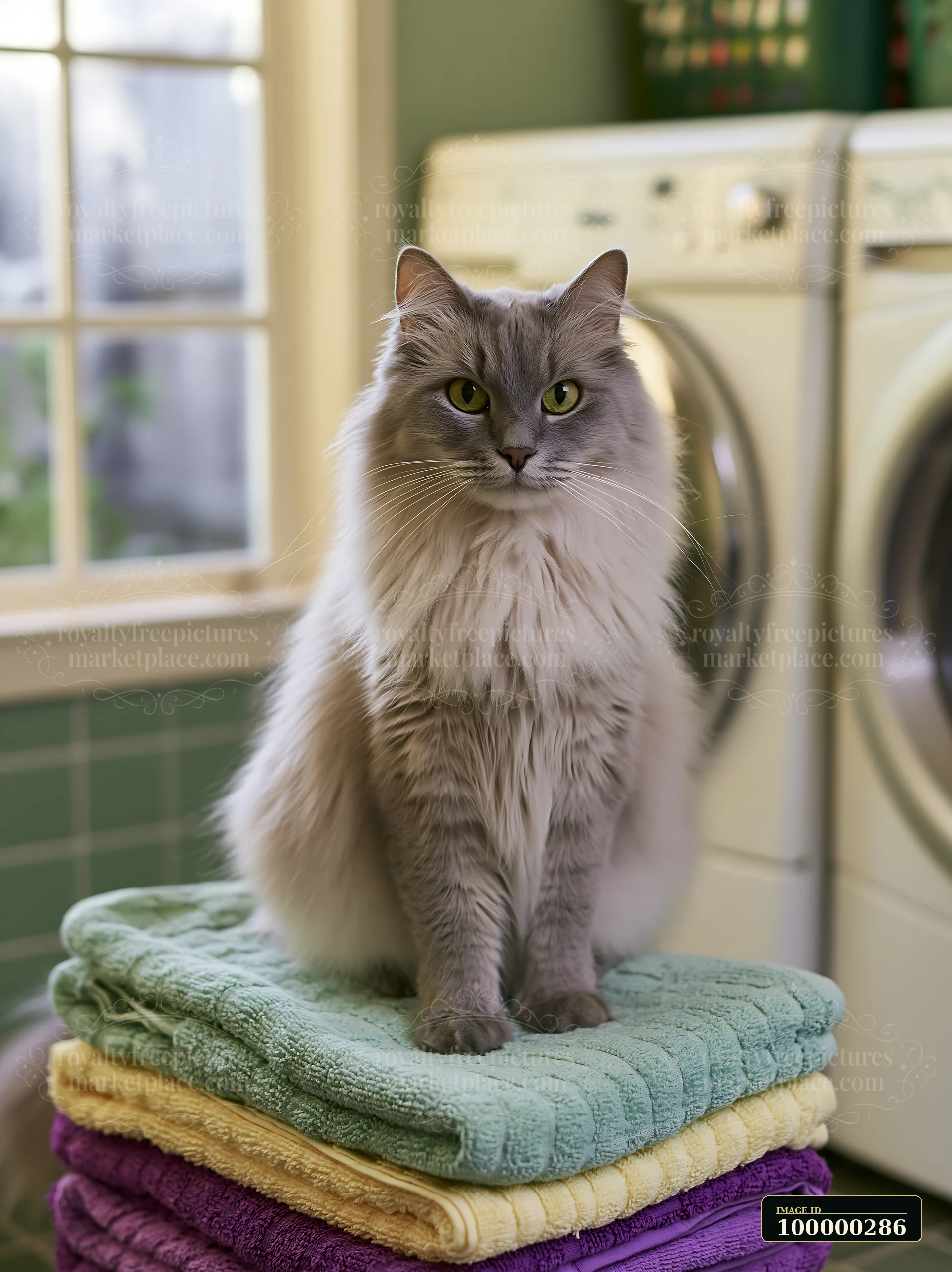 Gray long-haired cat sitting on colorful folded towels in a bright laundry room.