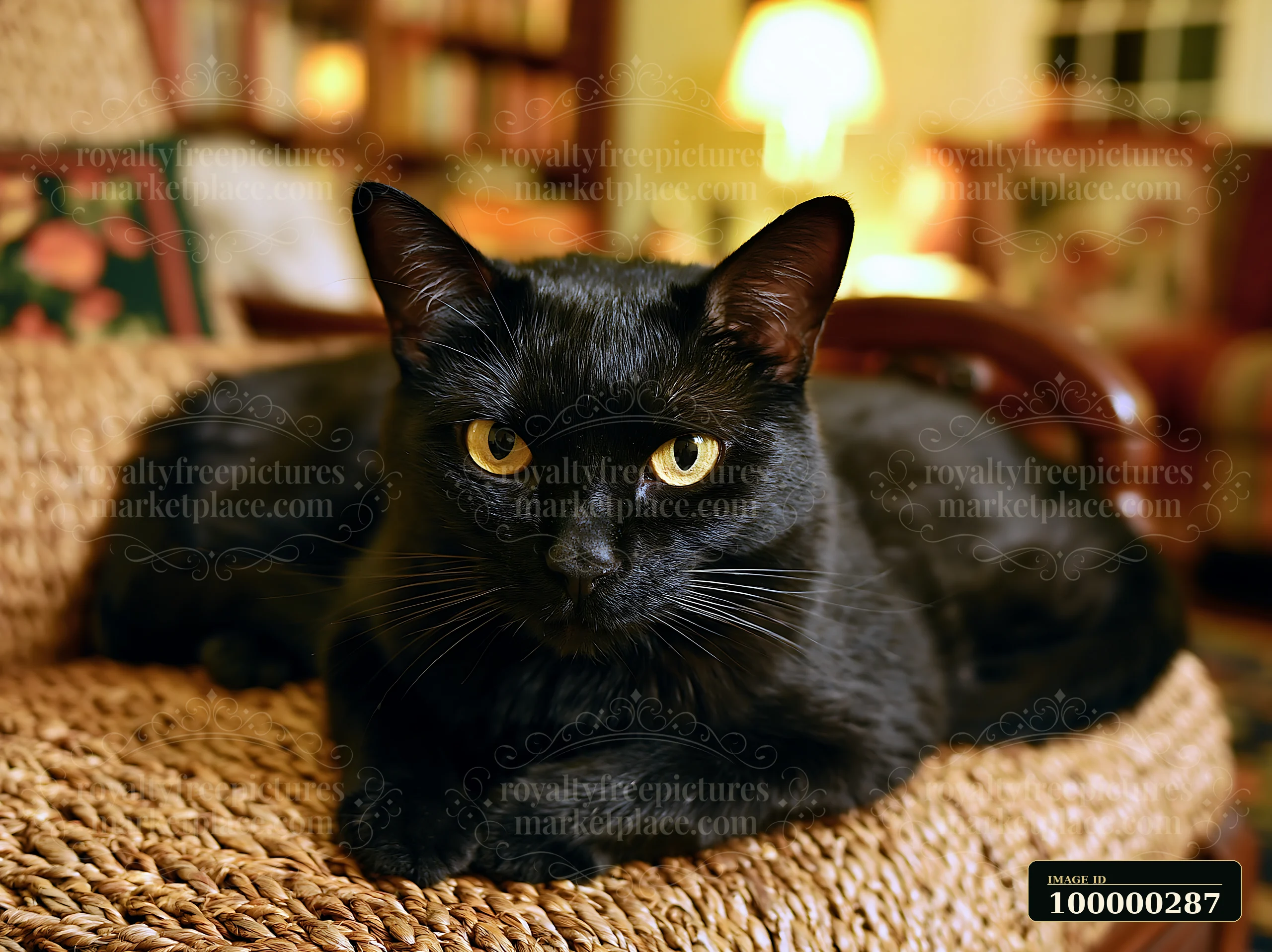 Black cat with golden eyes resting on a woven chair in a warmly lit indoor room.