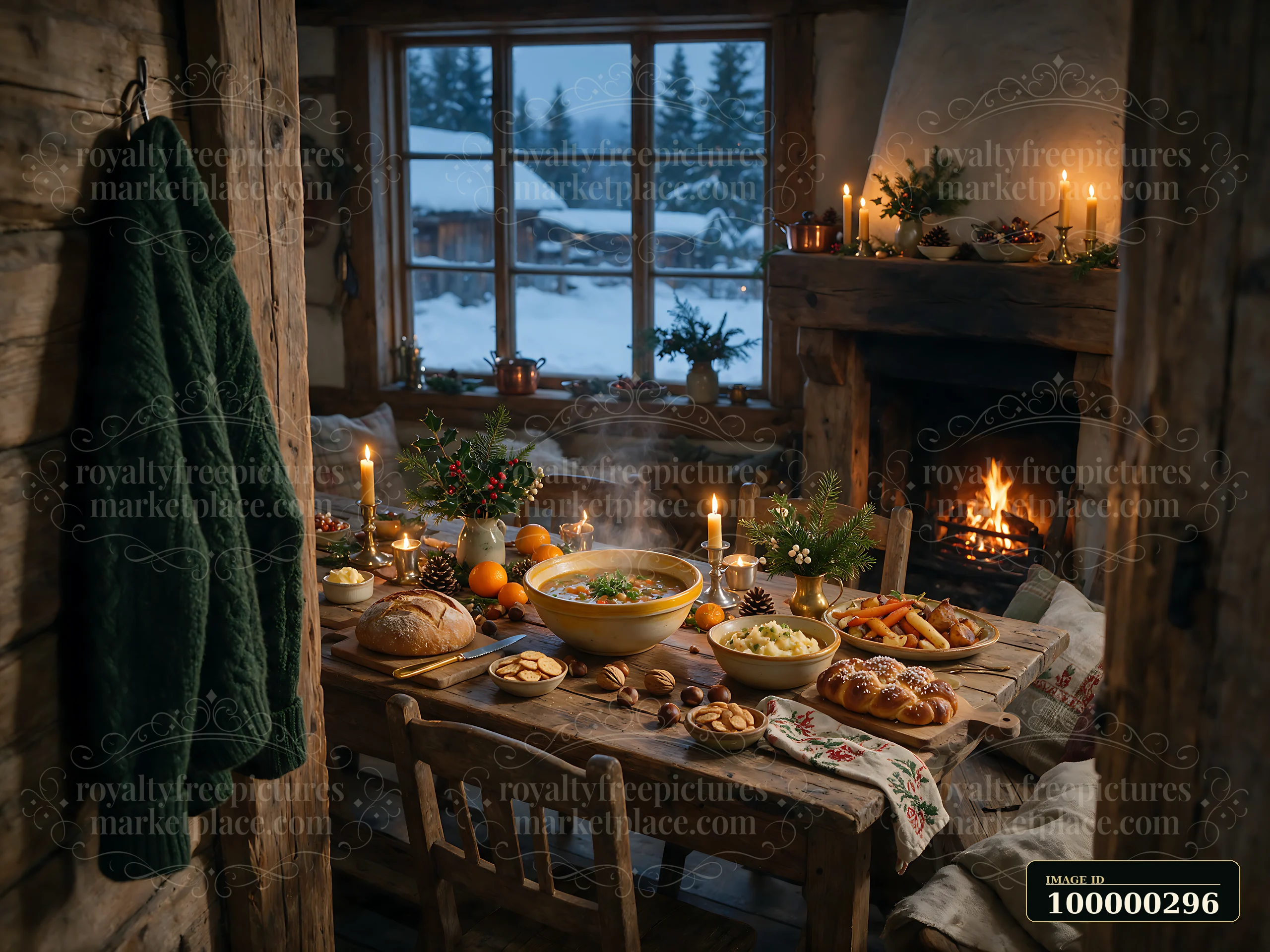 Rustic farmhouse buffet with soup, bread, candles, and evergreen decorations in a cozy wooden room beside a snowy window.