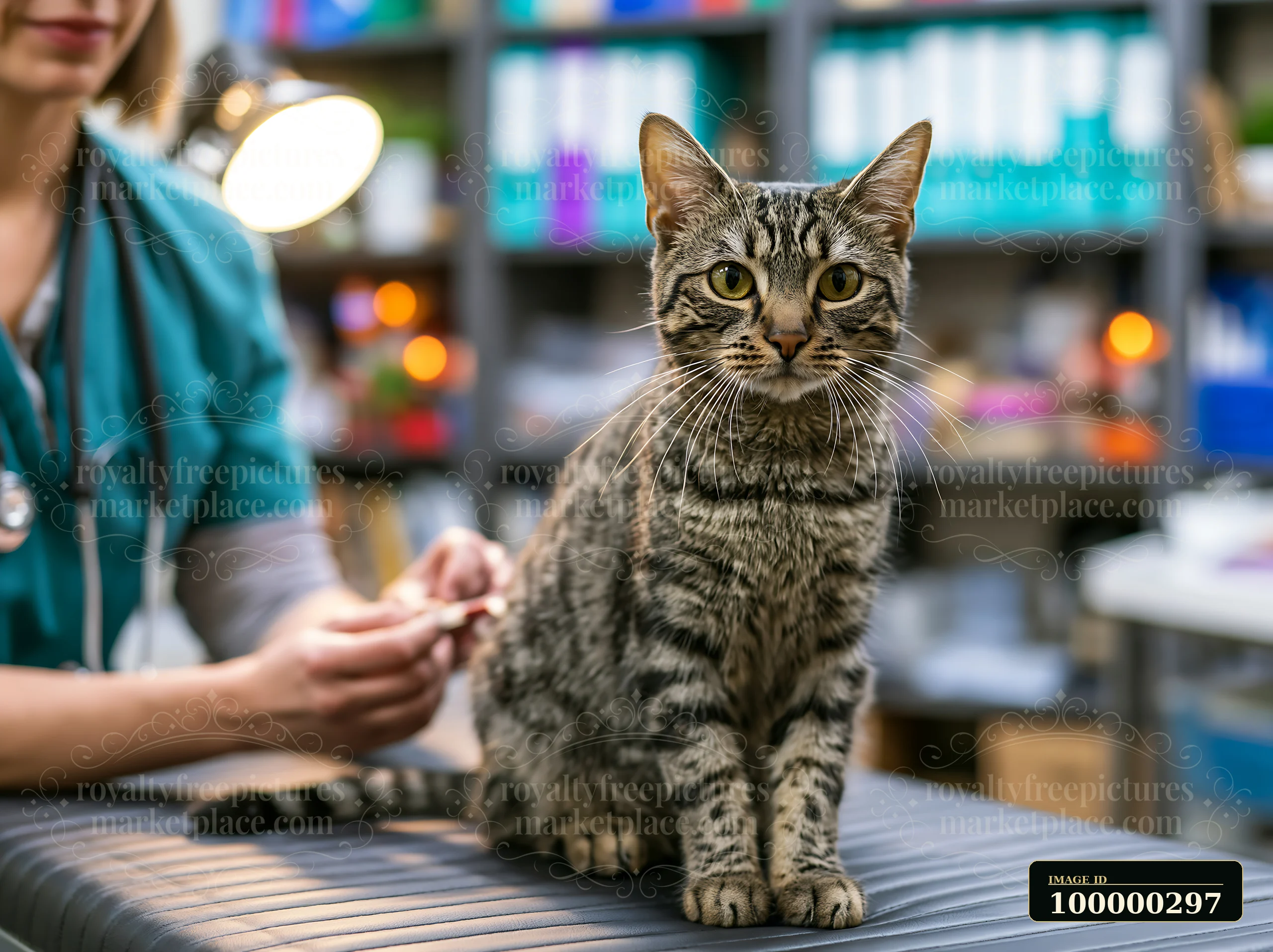 Tabby cat sitting on a veterinary table while a veterinarian examines it in a brightly lit clinic.