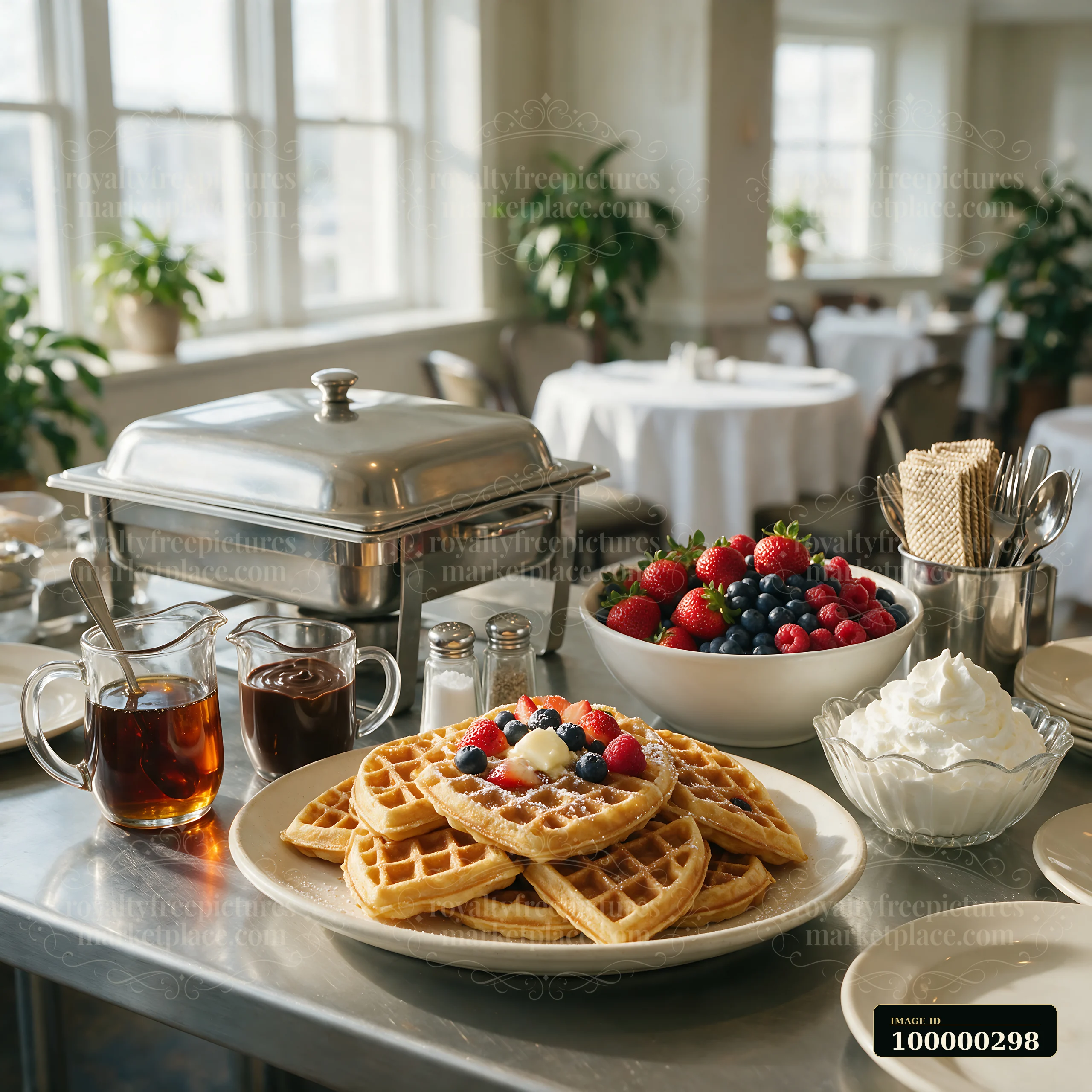 Golden waffles with berries, syrup, and whipped cream at a buffet station in a bright dining room.