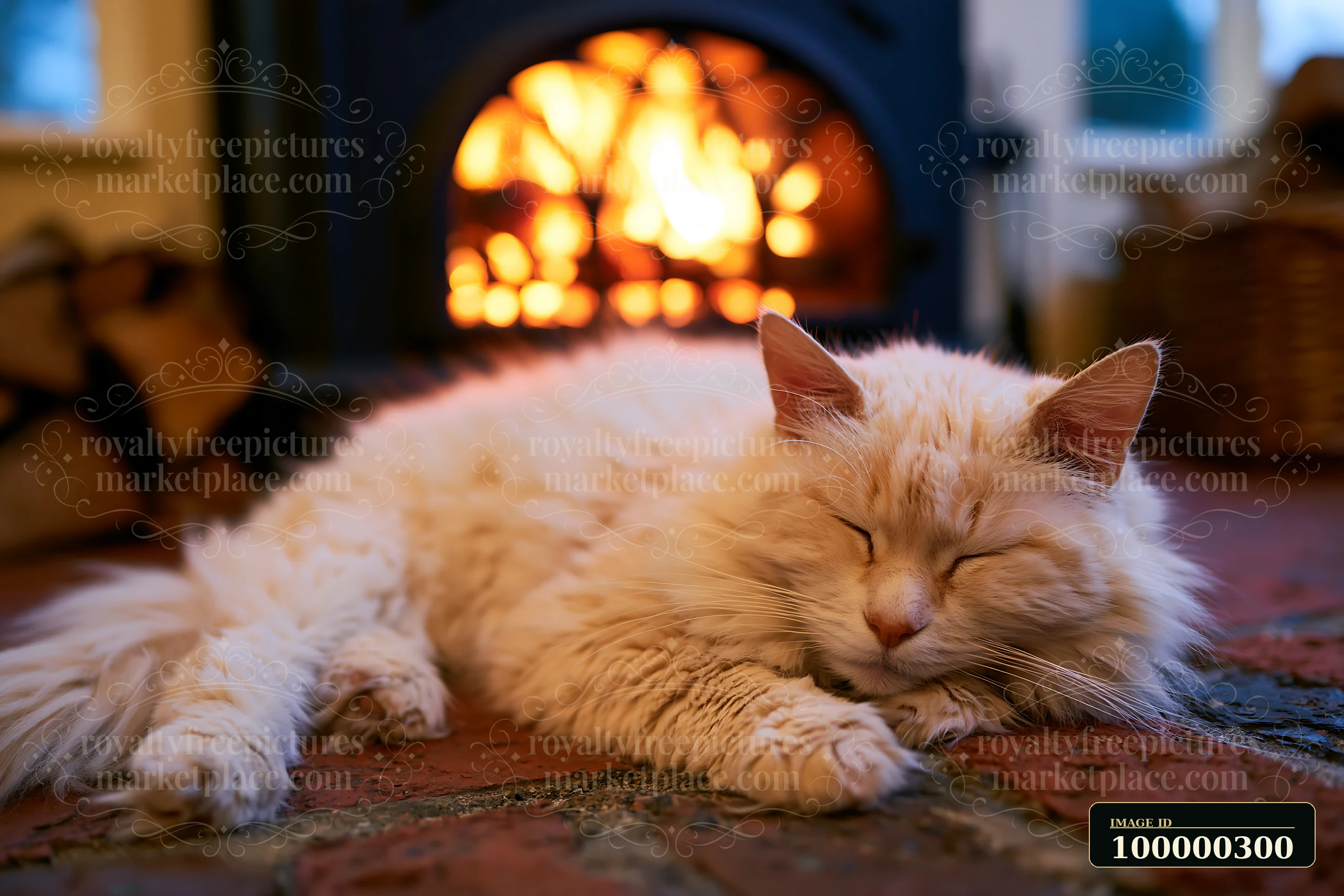 Long-haired cream cat sleeping on a floor beside a glowing fireplace at home.