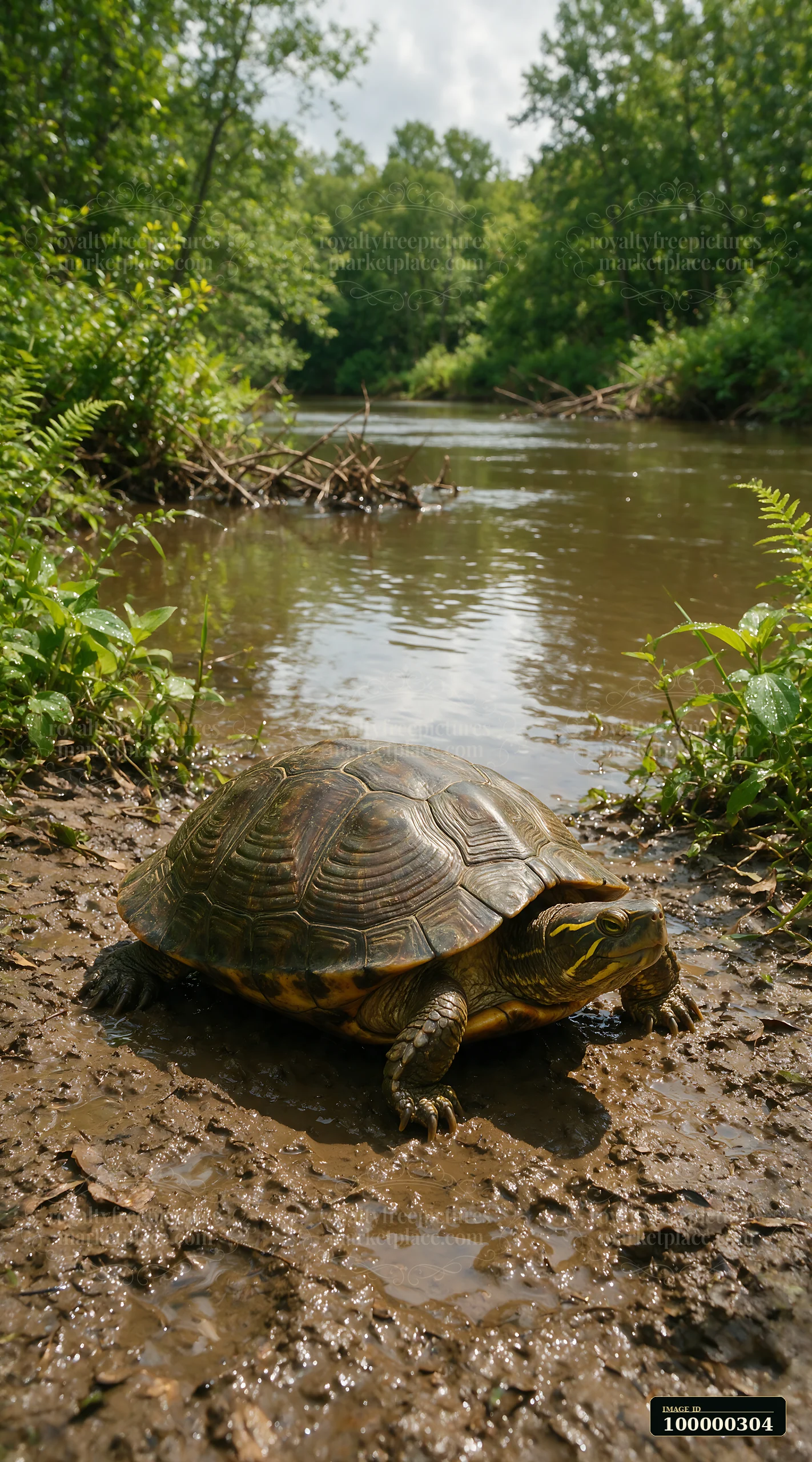 Turtle resting on a muddy bank beside a wooded stream, with shell patterns highlighted by natural light.