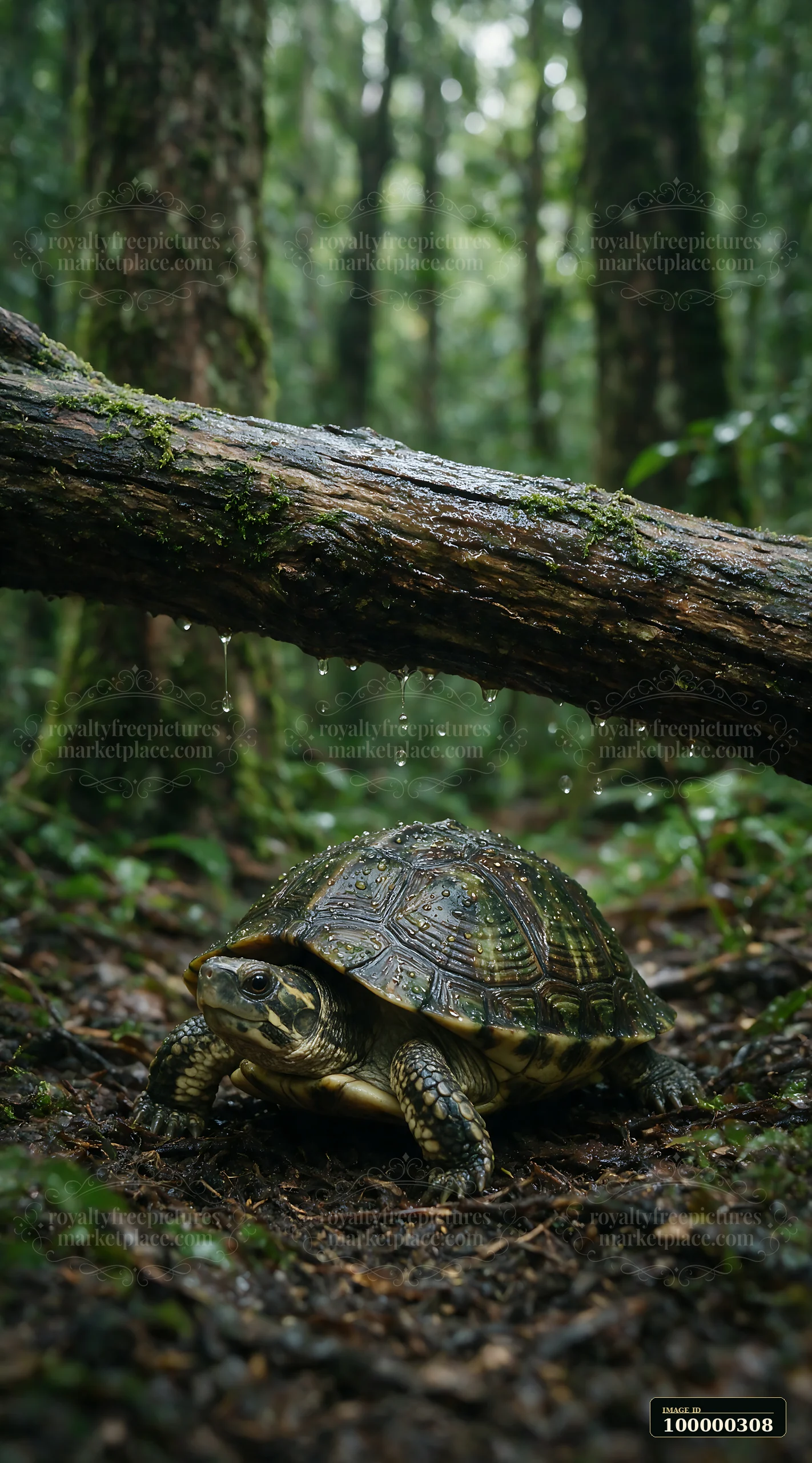 Turtle with a shell covered in raindrops standing beneath a mossy fallen tree in a wet forest.