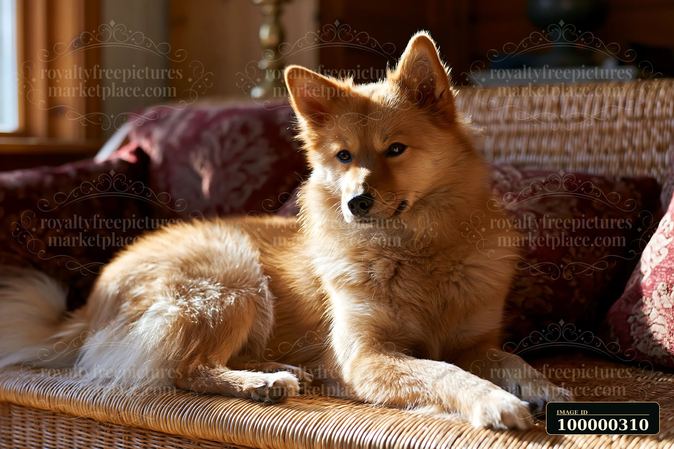 Fluffy tan dog resting on a woven sofa in a warmly lit home interior.
