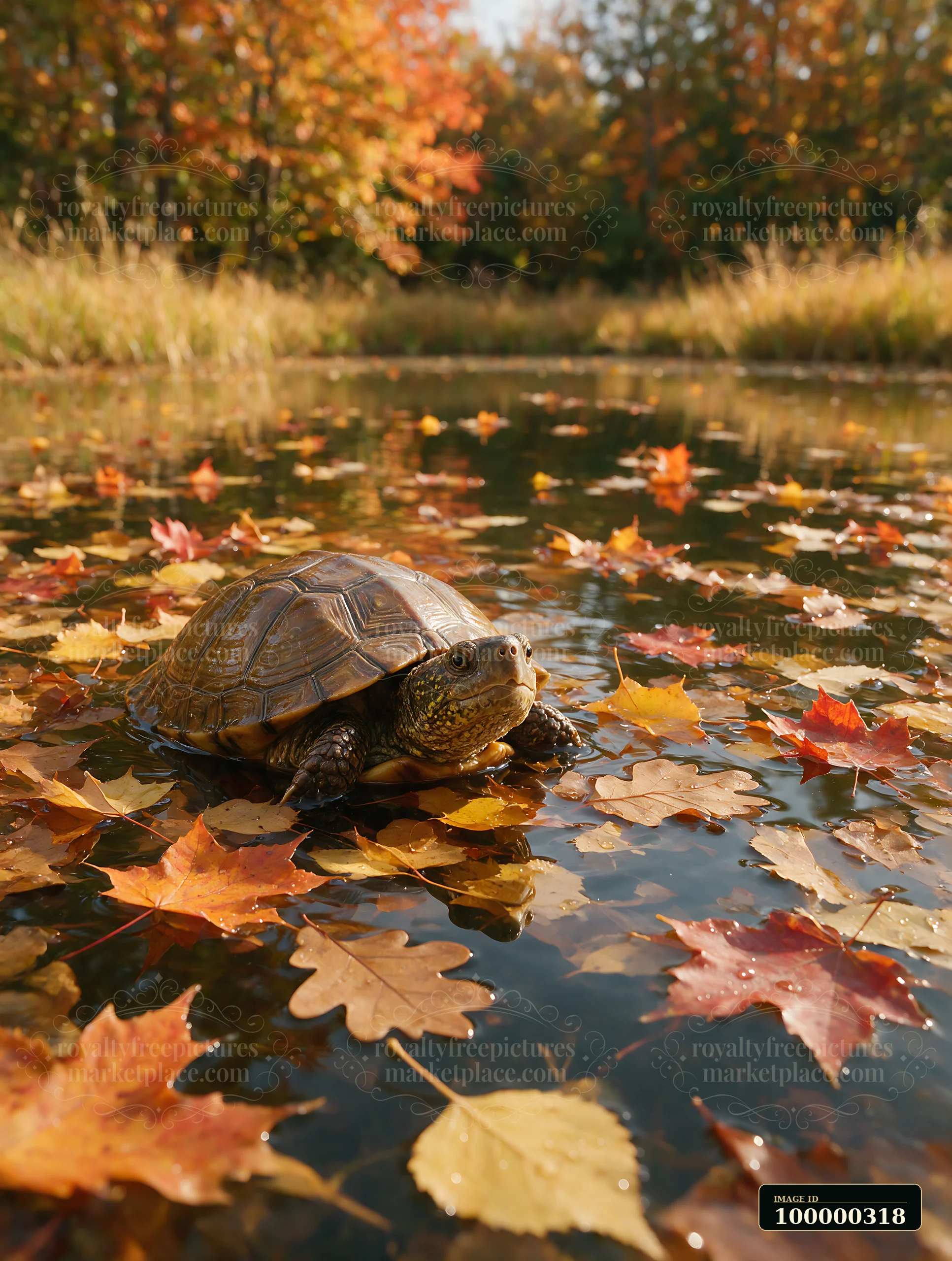 Turtle peeking above calm water among colorful autumn leaves in a woodland pond.