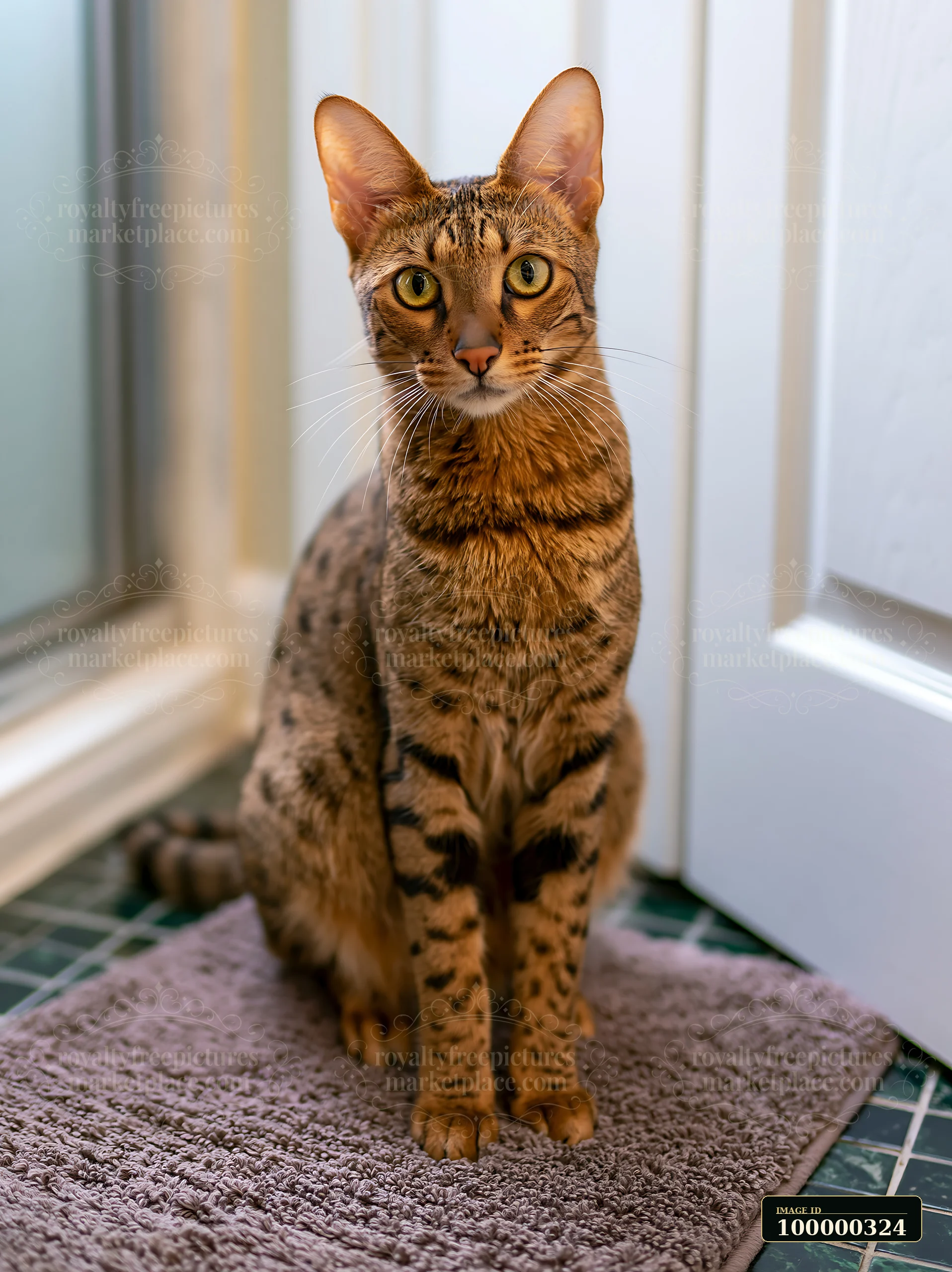Savannah cat sitting on a soft rug between bright windows indoors.
