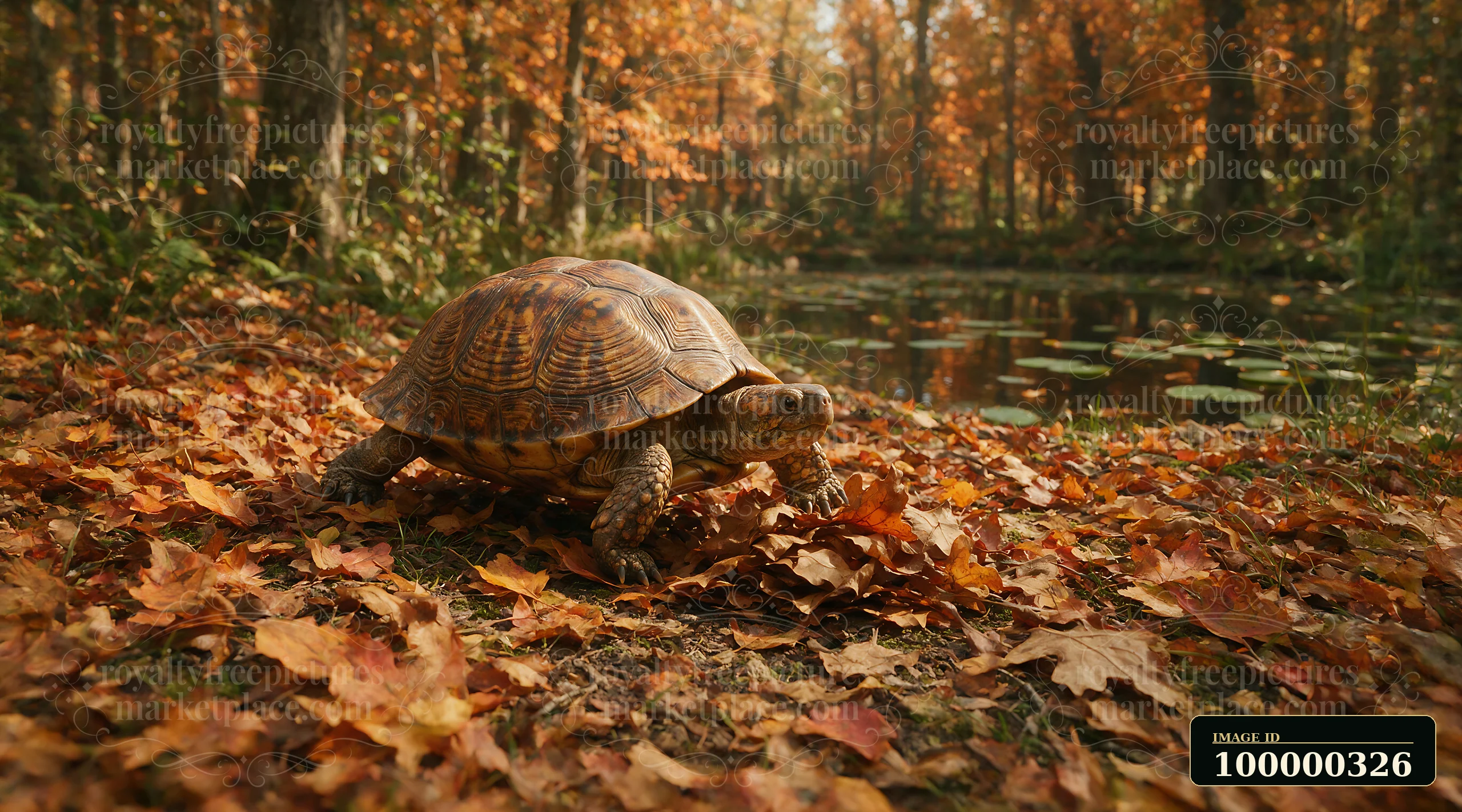 Turtle walking through fallen leaves beside a woodland pond in an autumn forest.