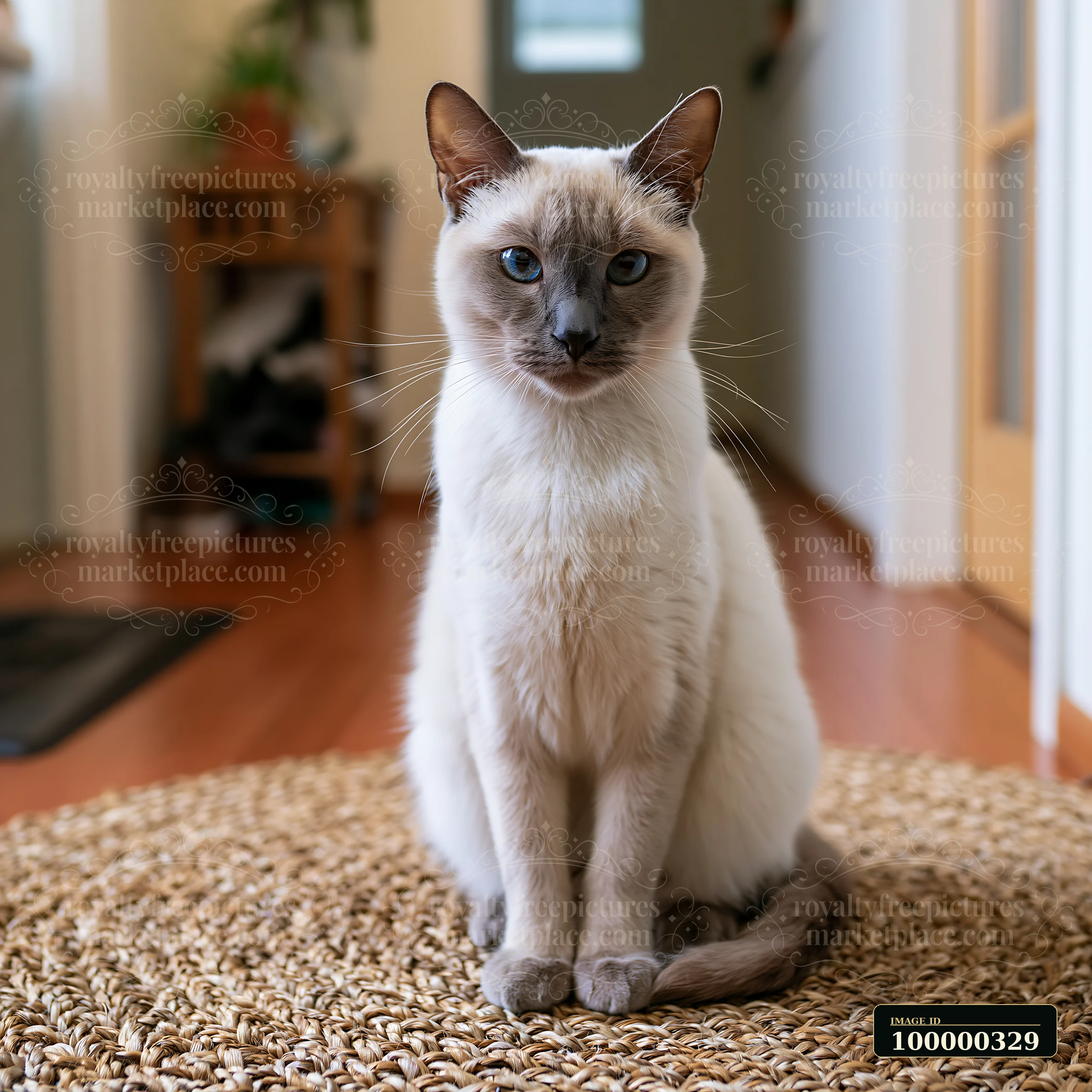 Seated Suphalak cat with blue eyes and dark markings poses on a woven rug inside a home.
