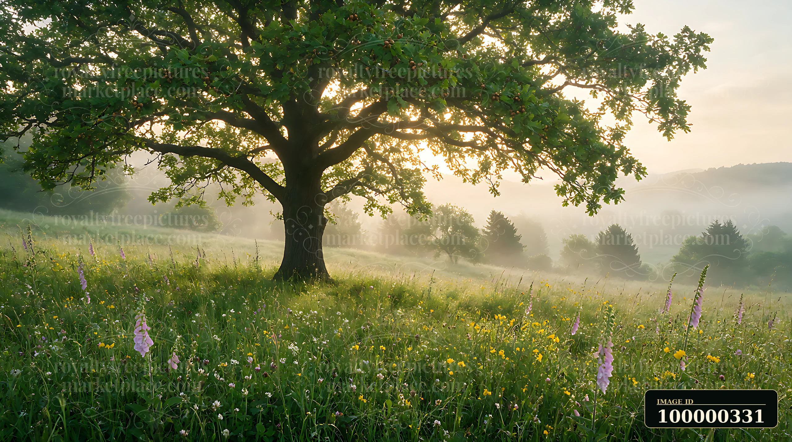 Broad oak tree shading a wildflower meadow in soft morning sunlight and mist.