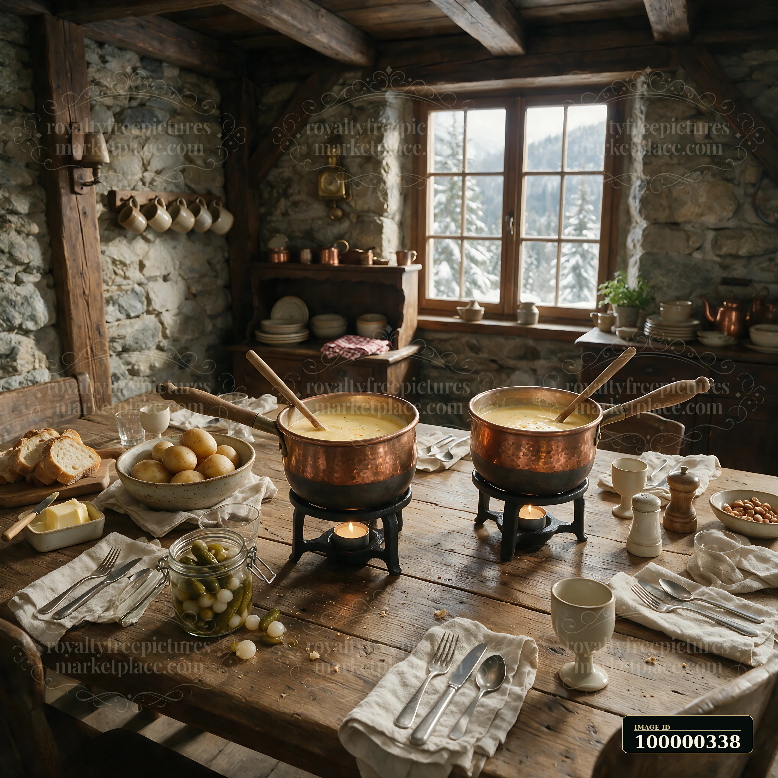 Two copper fondue pots sit on a wooden table with bread, potatoes, pickles, and tableware in a rustic cabin.