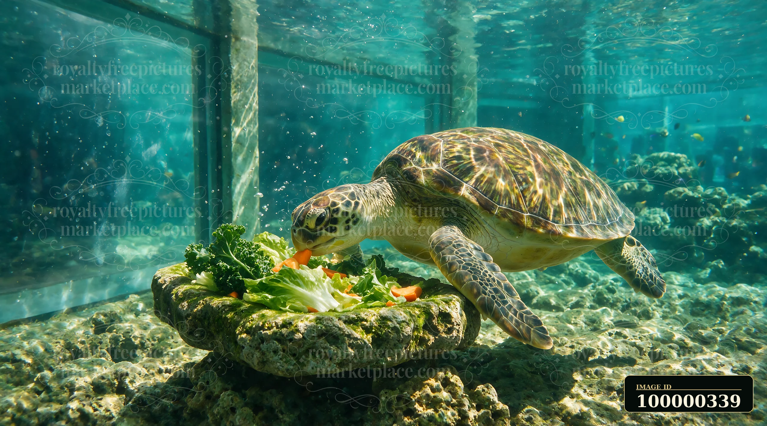 Sea turtle eats leafy greens and carrots from a rocky platform in a clear aquarium tank.