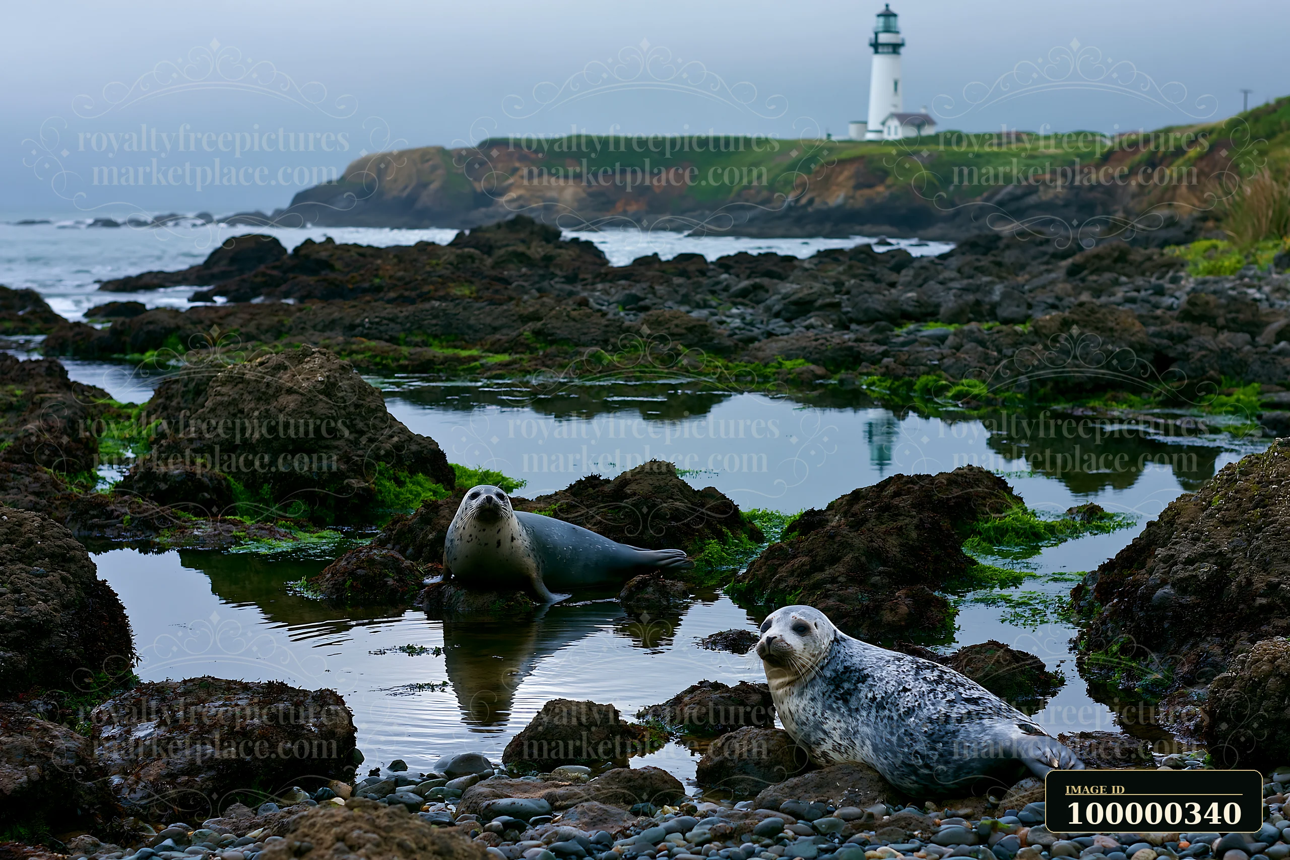 Two seals rest on rocky tidal pools with a white lighthouse on the grassy coastal cliff behind them.