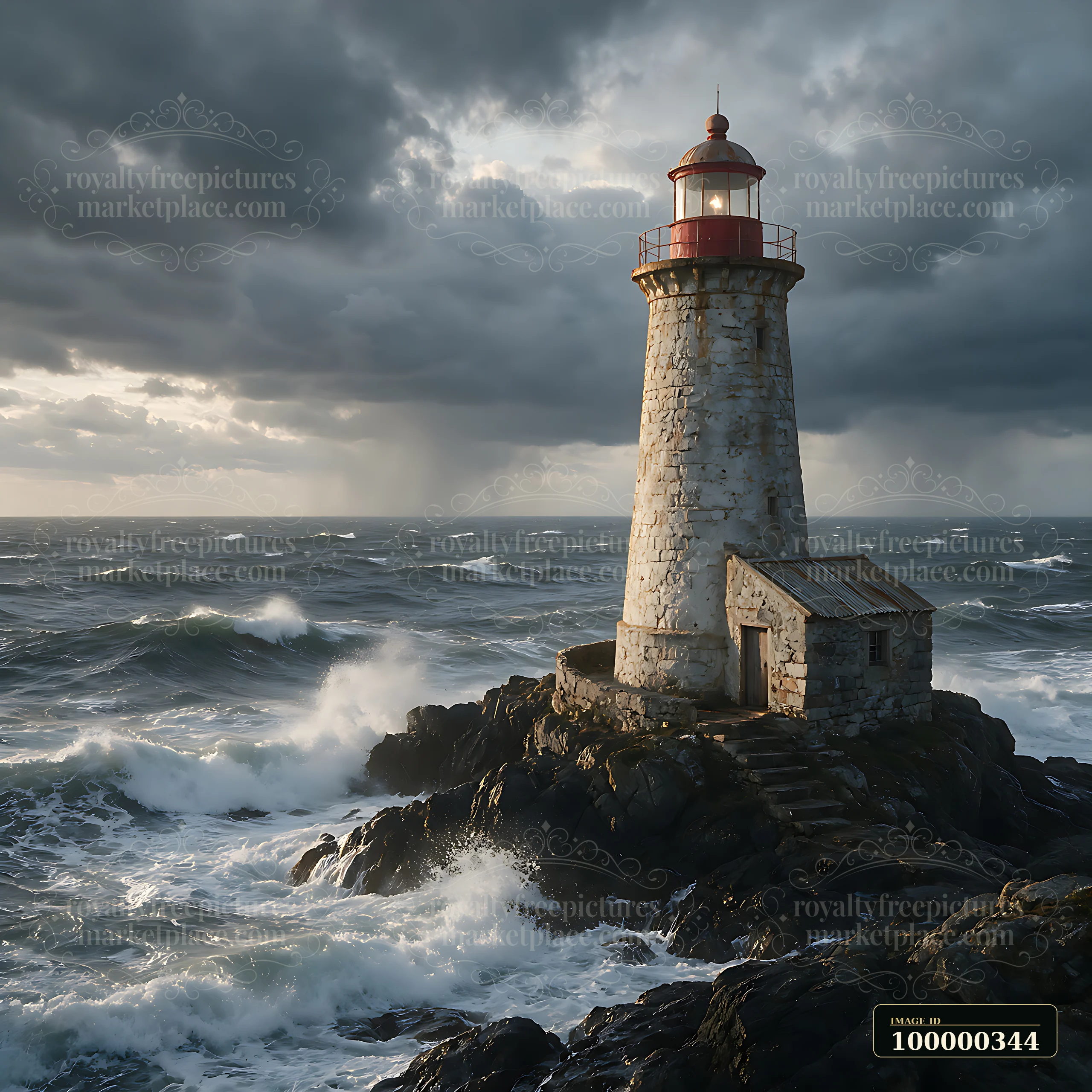 Weathered lighthouse stands on rocky shore as waves break beneath dark storm clouds.