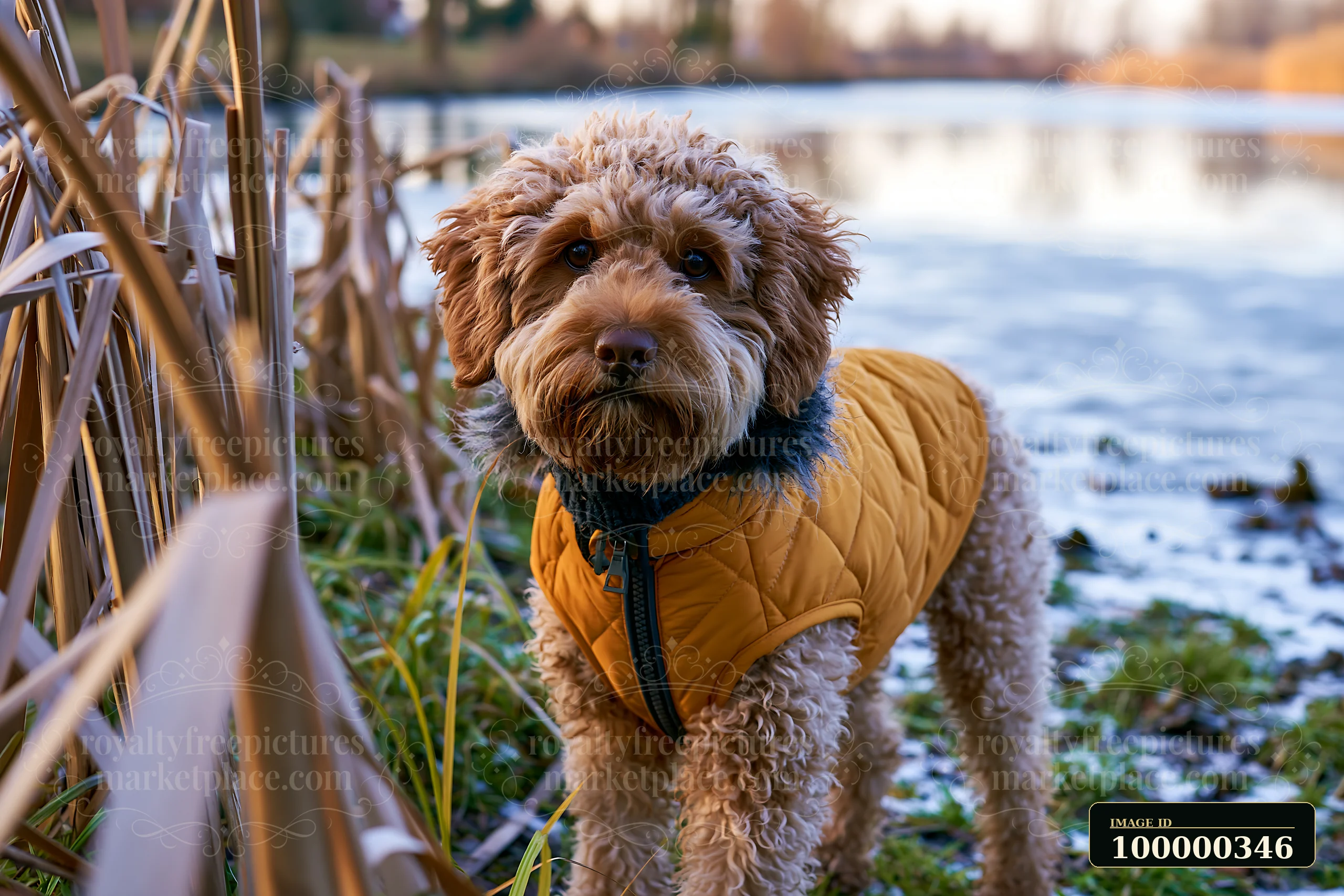Curly-haired dog in a quilted winter coat standing beside reeds and a partially frozen lake