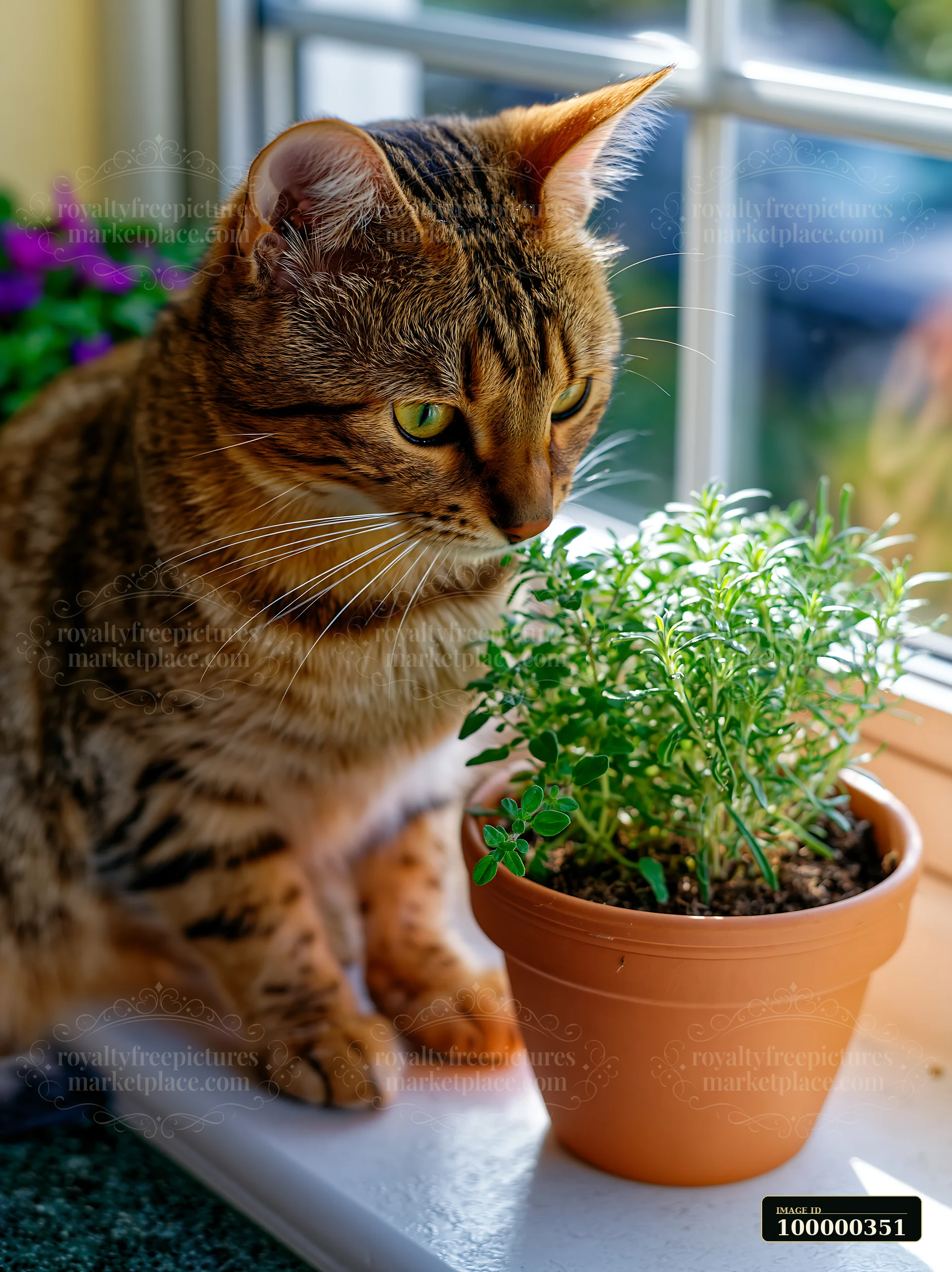 Brown tabby cat sits beside a potted green plant on a bright indoor windowsill.