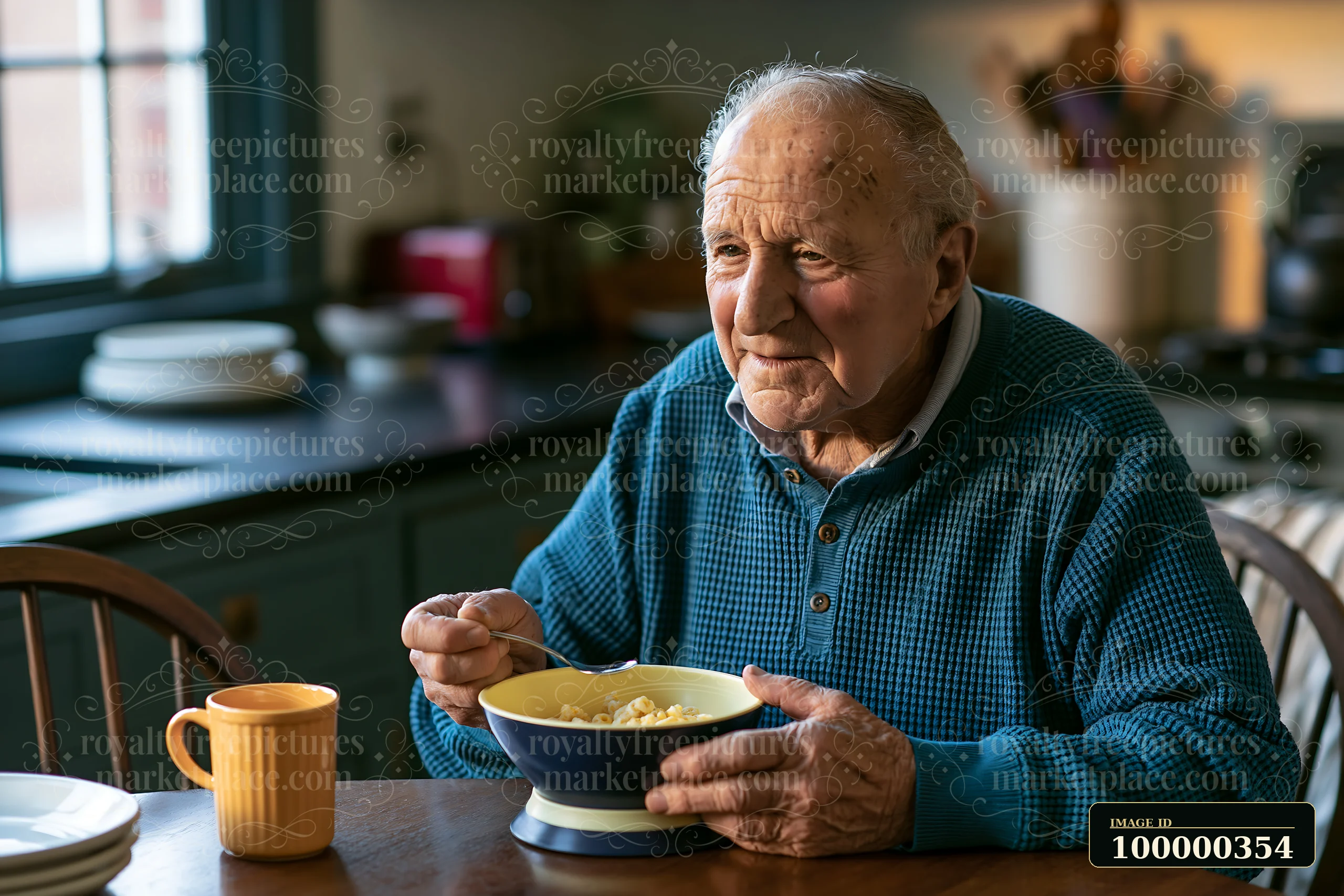 Older man holds a bowl and eats cereal with a spoon at a kitchen table.