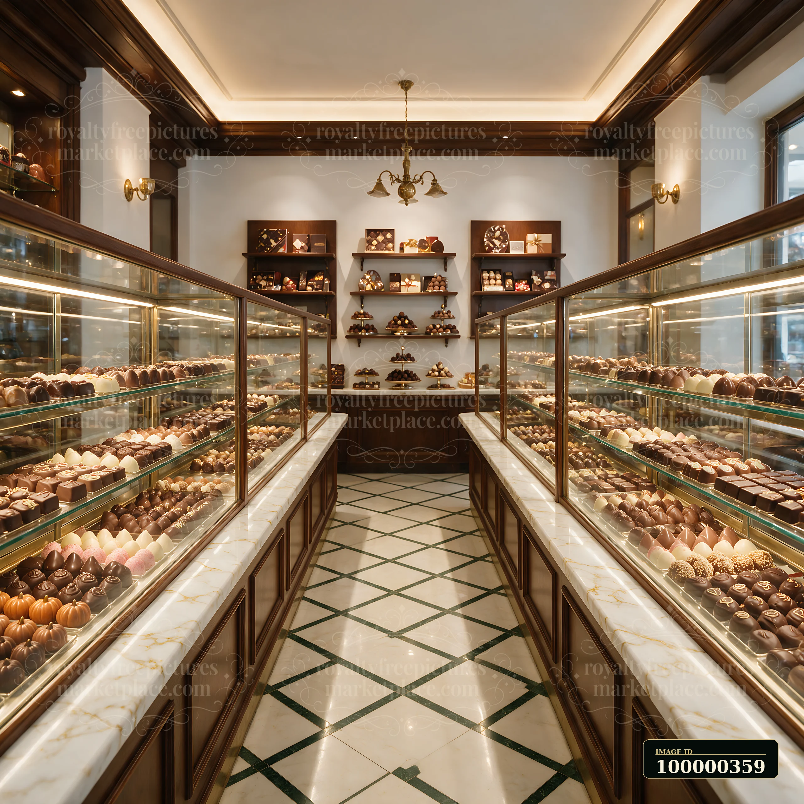 Illuminated glass cases display assorted chocolates inside an elegant Swiss chocolate shop interior.