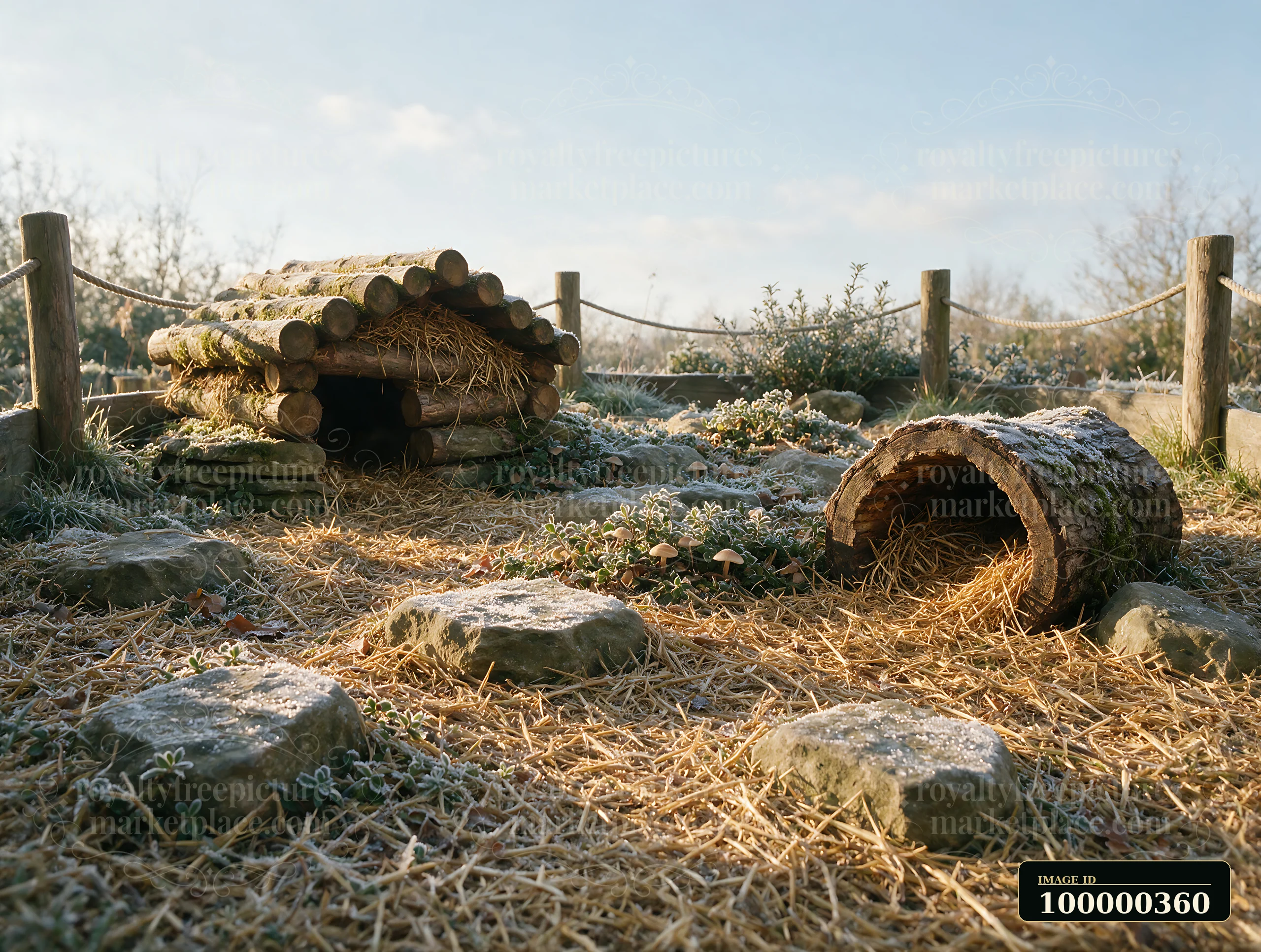 Natural tortoise enclosure with log shelters, straw, rocks, plants, and frost under a bright sky.