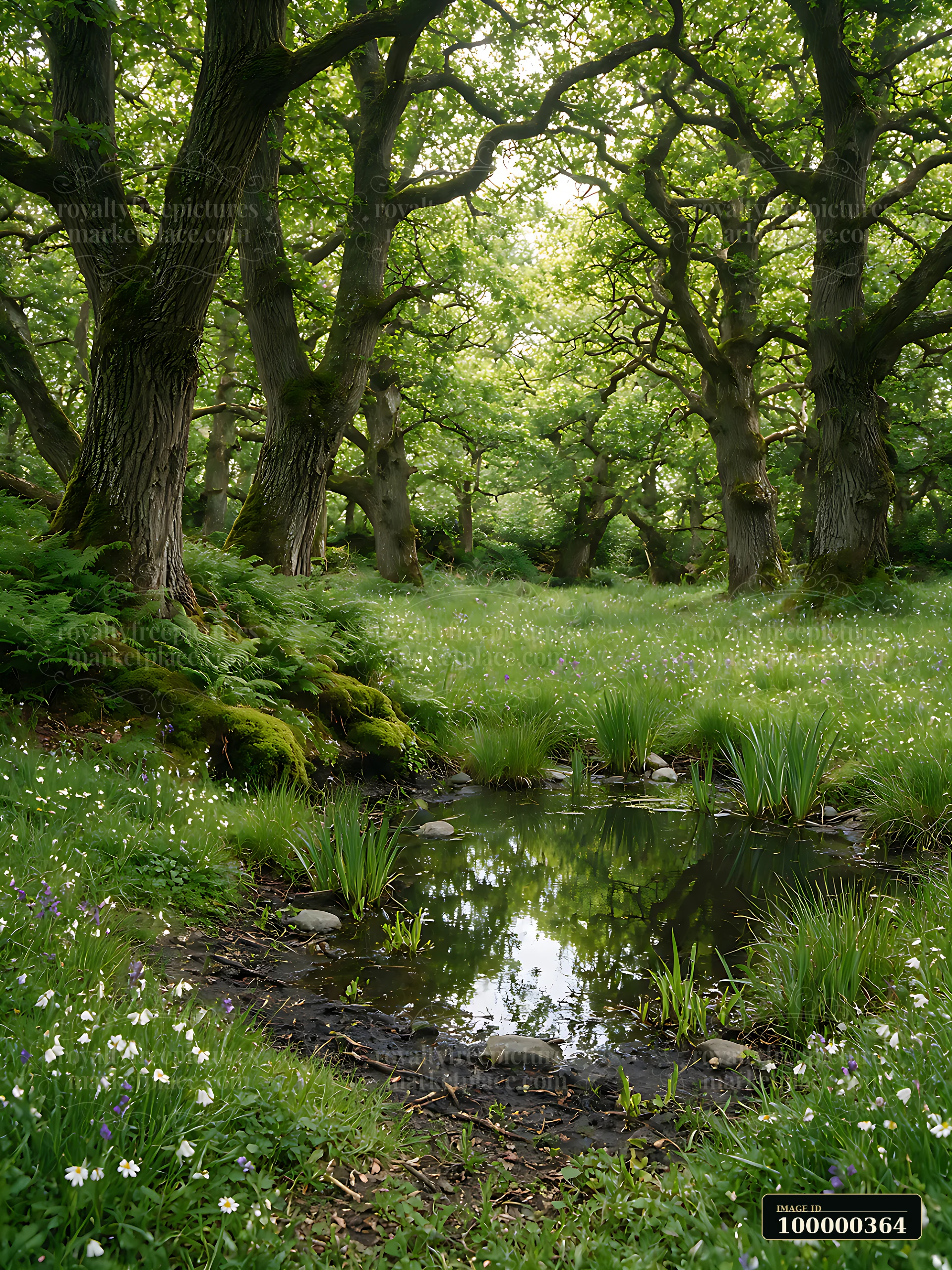 Shaded meadow in a woodland clearing with mature trees, ferns, wildflowers, and a small pond