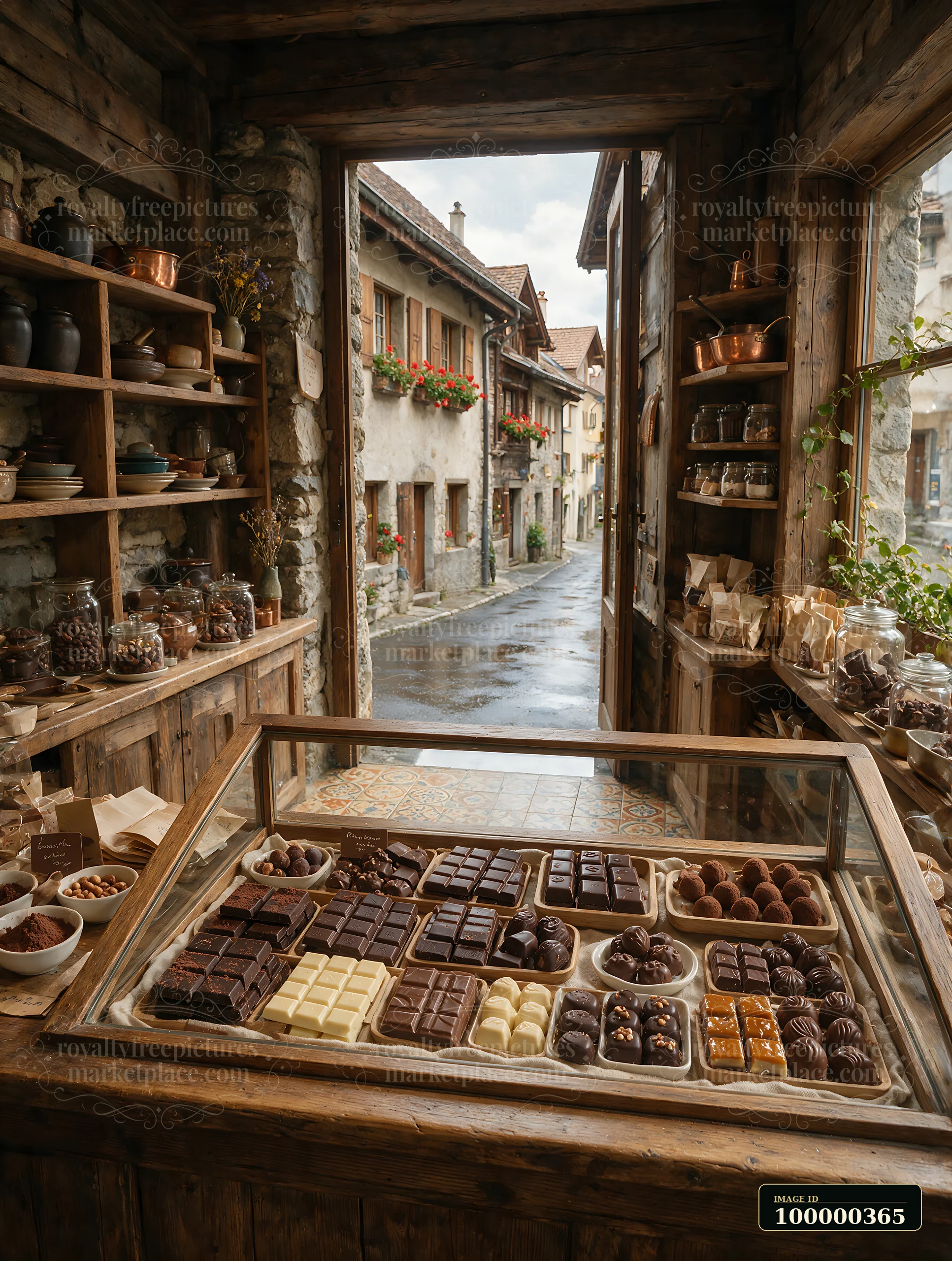 Assorted chocolates fill a glass display counter inside a rustic shop overlooking a narrow village street.
