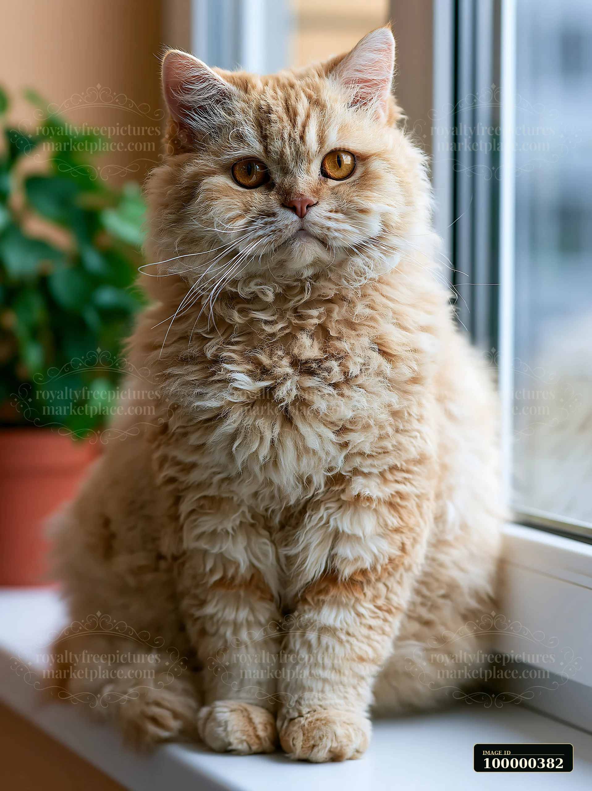A fluffy orange cat sits by a window, gazing outside.