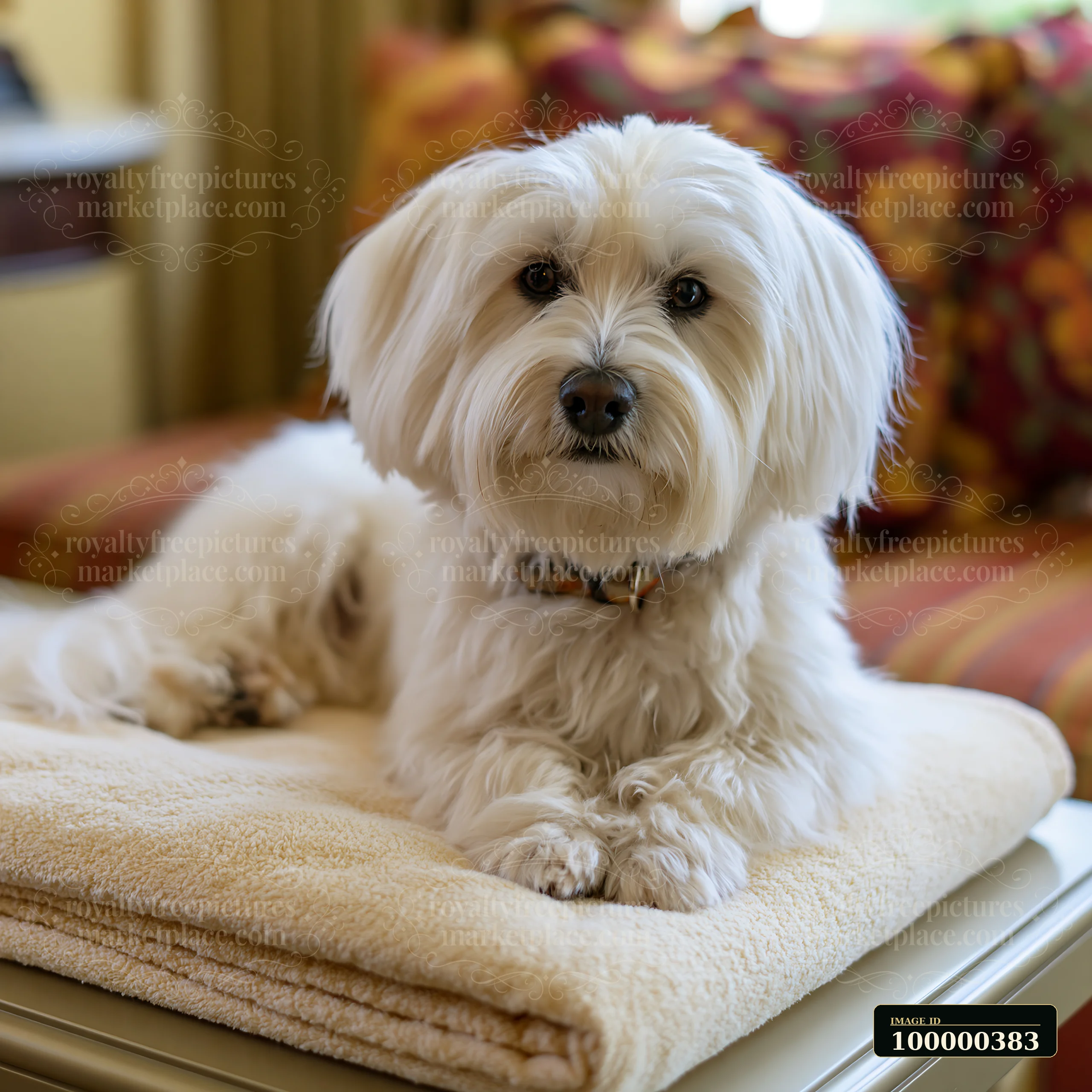 A rare dog breed is lying comfortably on a soft blanket in a hotel room.