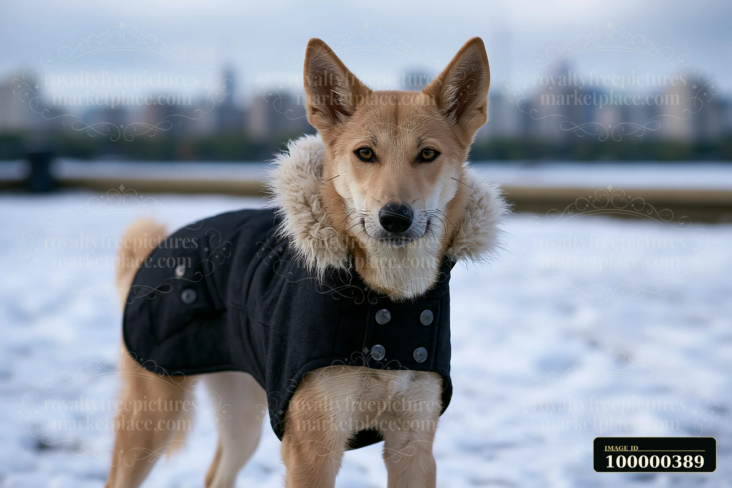 A rare dog breed wearing winter coat stands in a snowy area with a city skyline in the background.