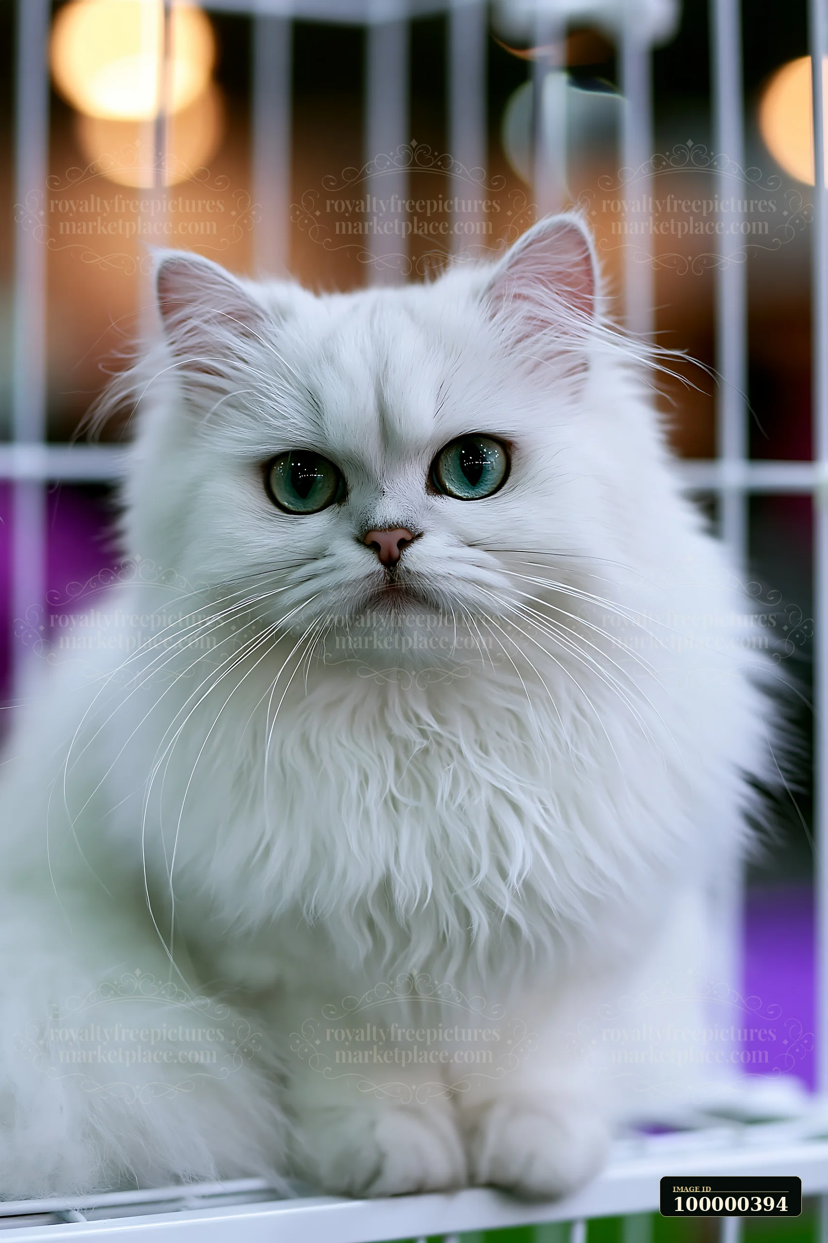 A fluffy white cat sits in a cage at a cat show, featuring striking eyes and a soft coat.