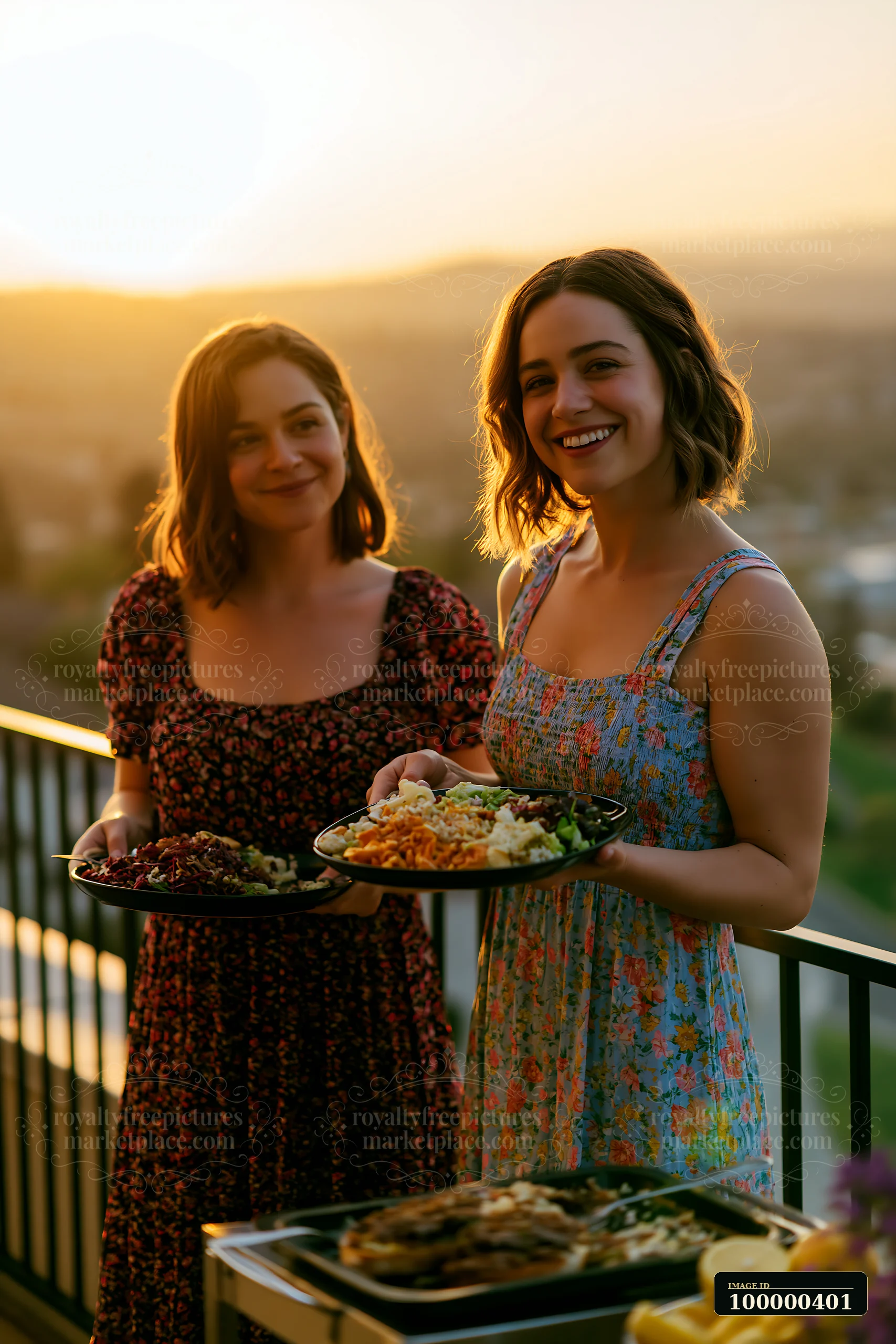 Two women hold plates of food as they enjoy a rooftop buffet dinner during sunset.