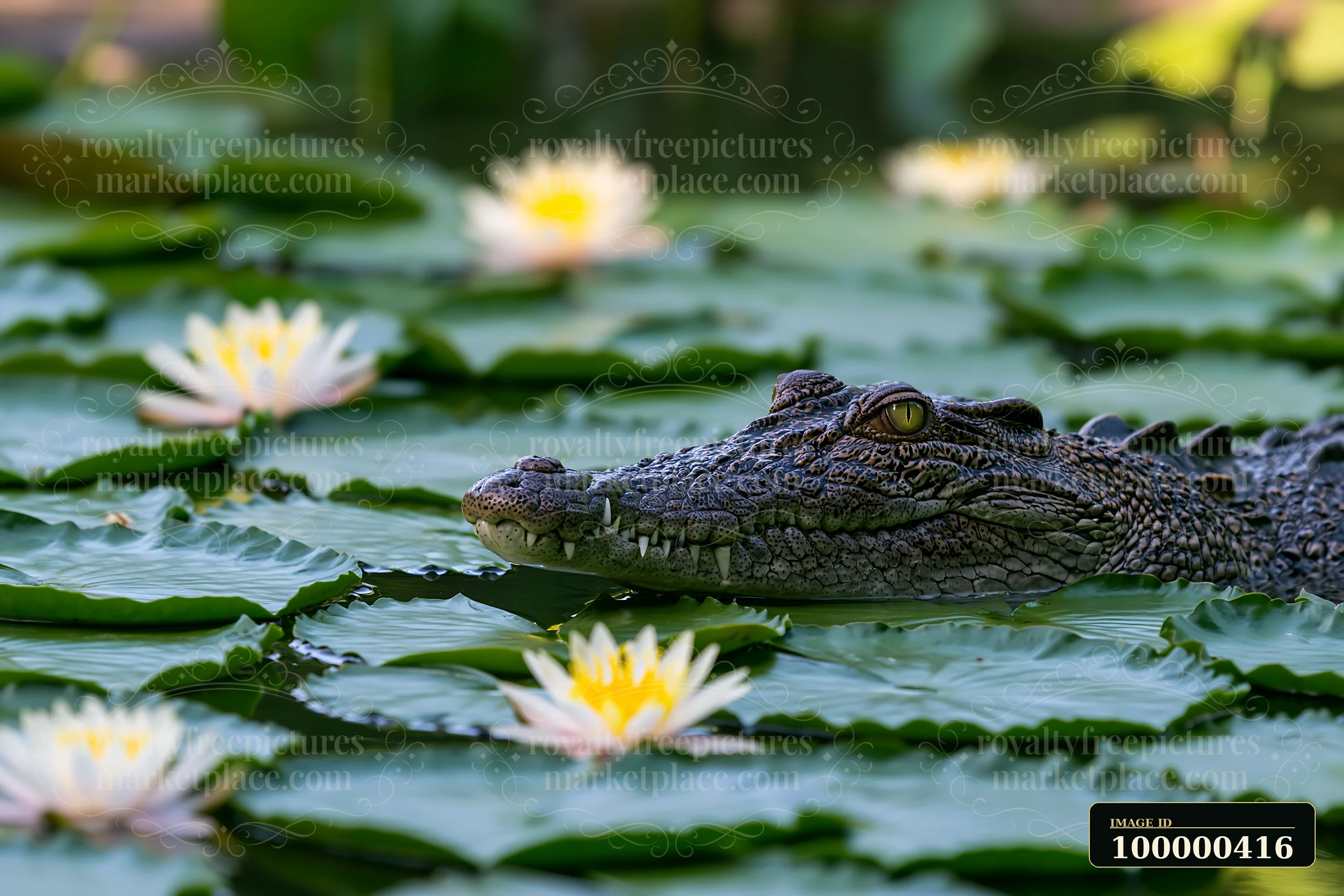 A saltwater crocodile swims through a Northern Territory wetland surrounded by green lily pads and white flowers.