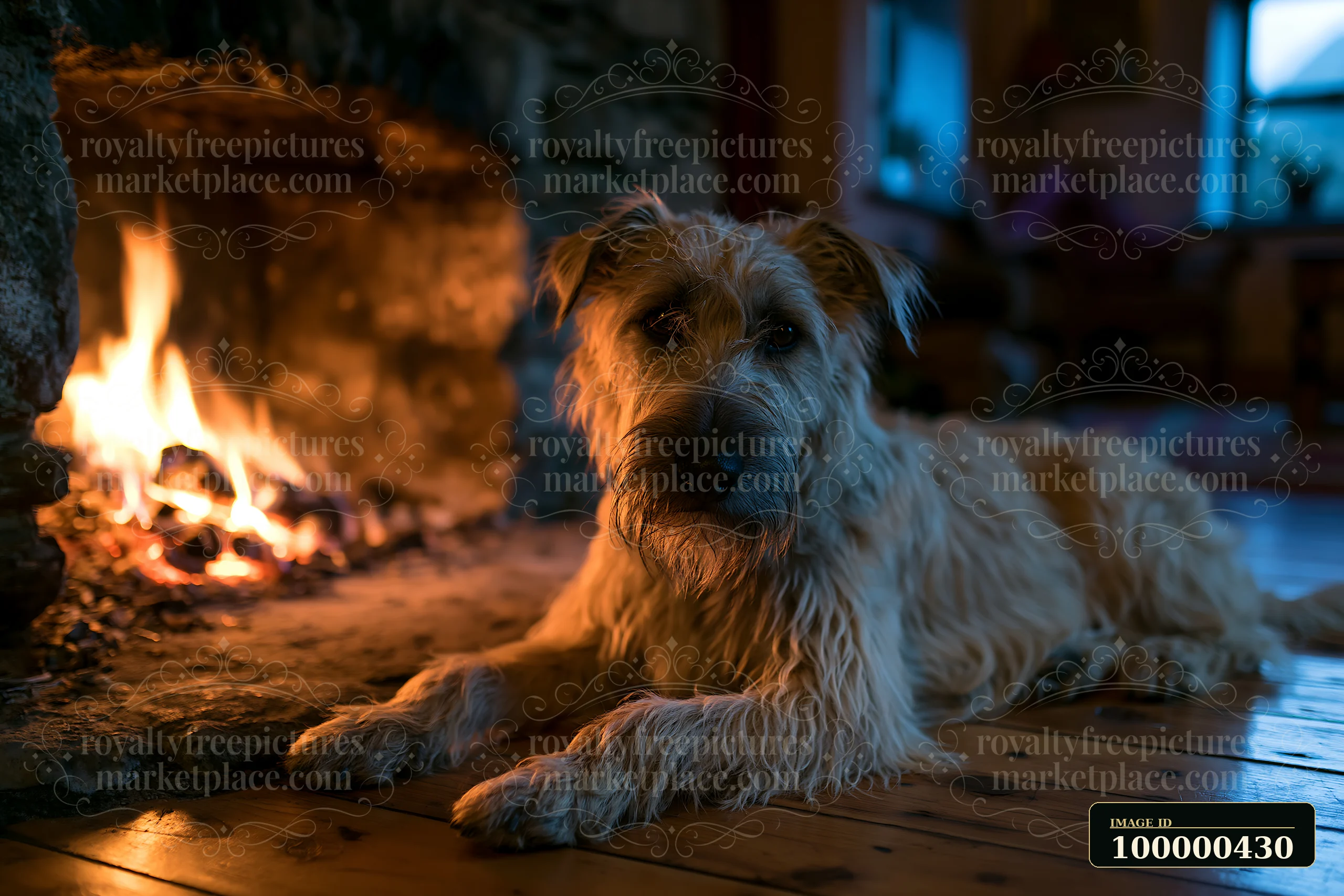 A rare dog breed relaxing by fireplace in a warm living room setting.
