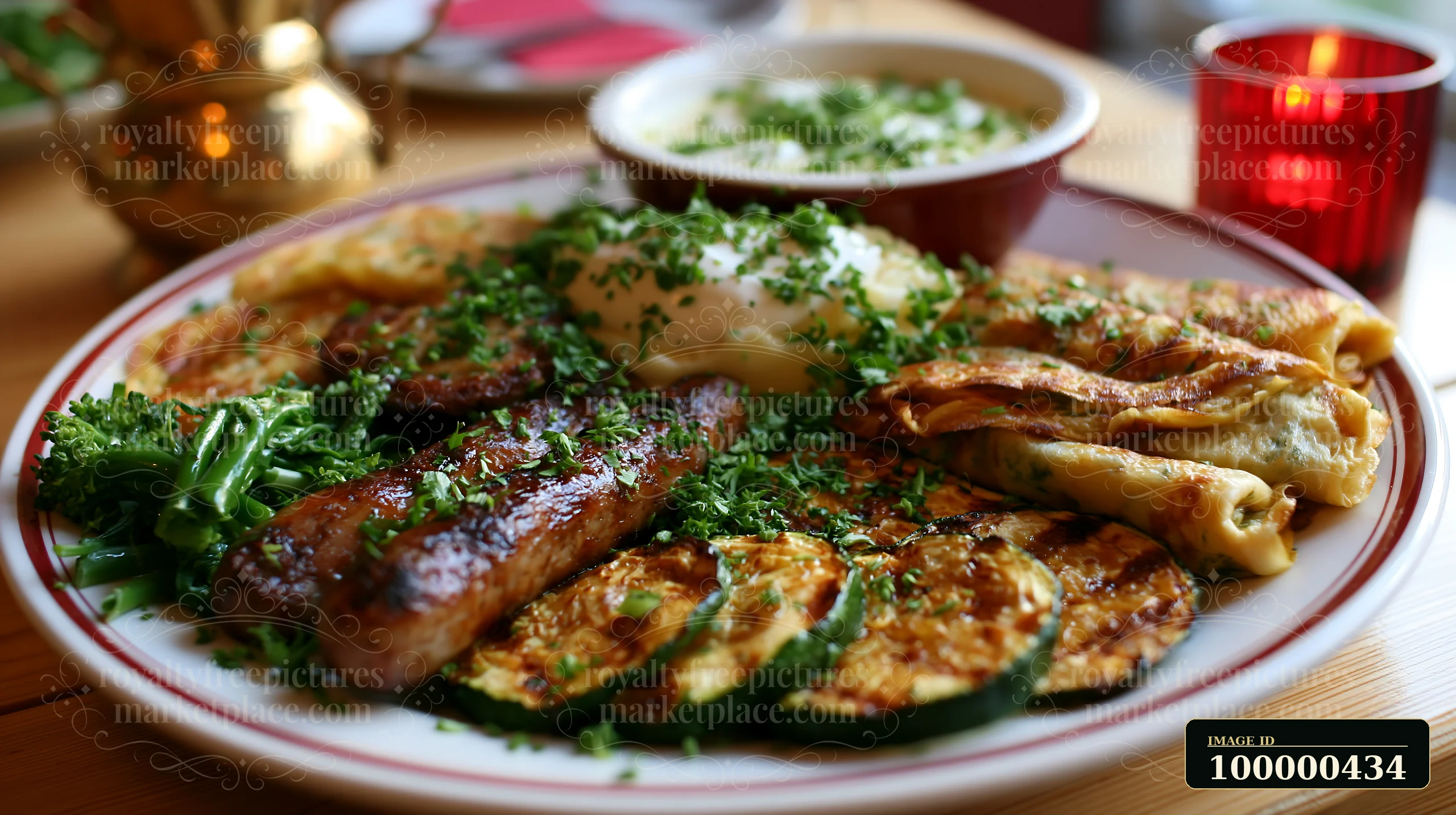 A breakfast plate with sausage features grilled vegetables, eggs, and a side of yogurt.